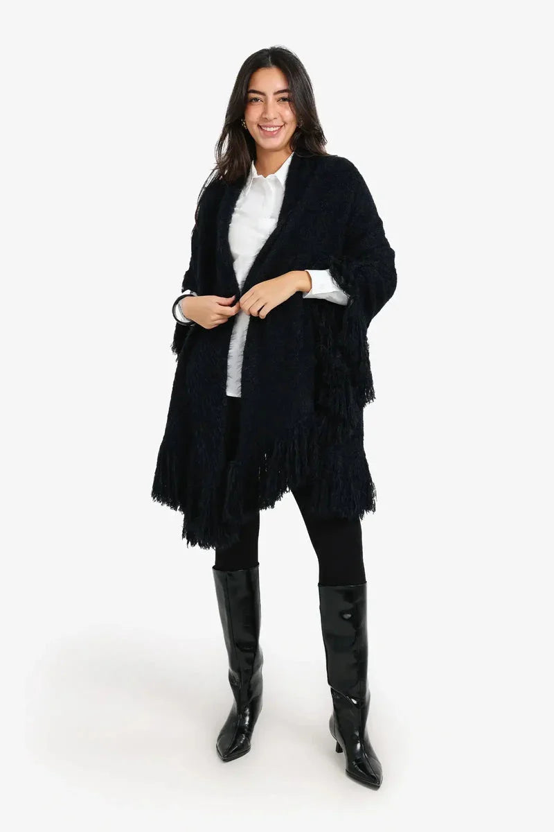 Carina - Fringe Trim Knitted Poncho 1
