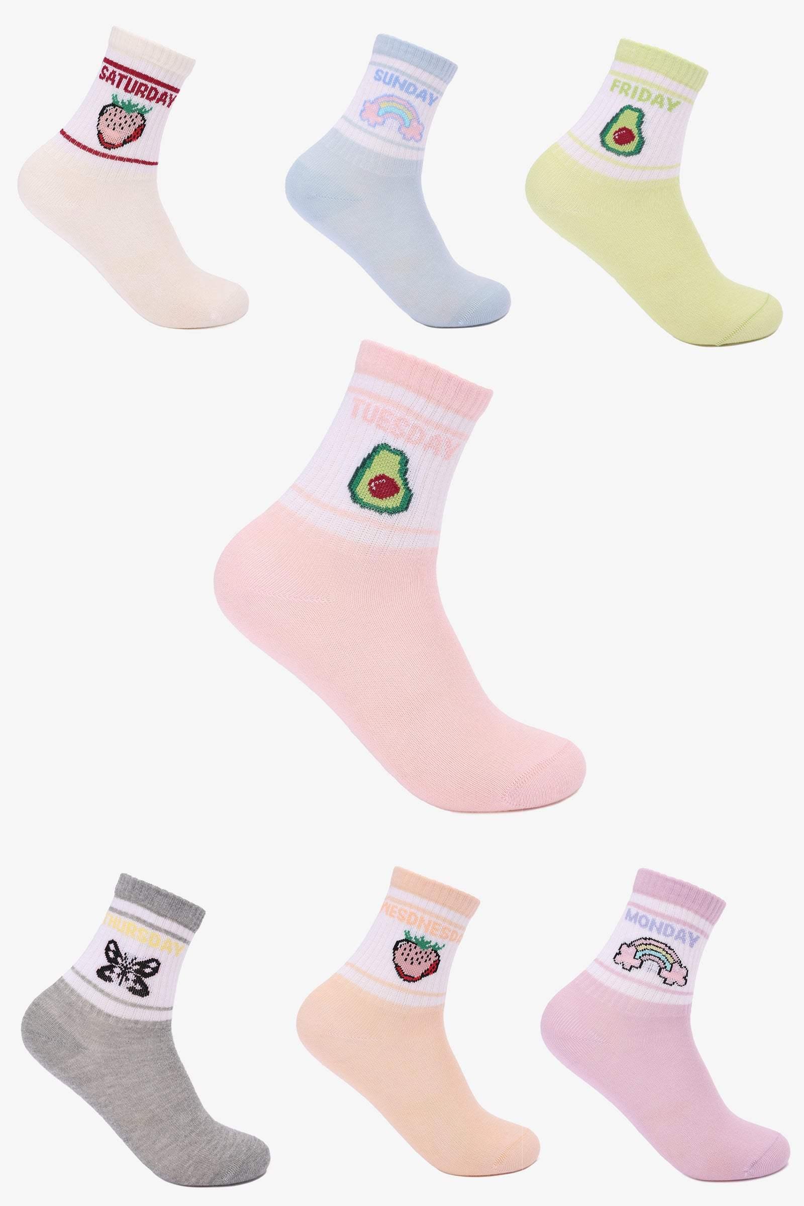 Carina - Girly Printed Cuff Socks - 7 Pairs 1