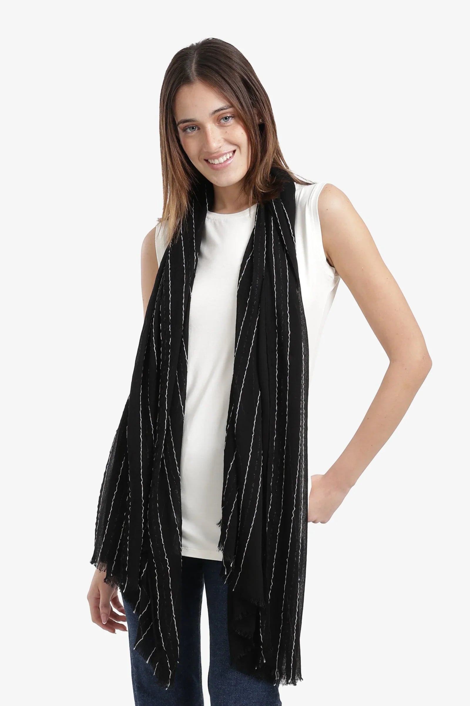 Carina - Striped Scarf with Fringed Edges 2