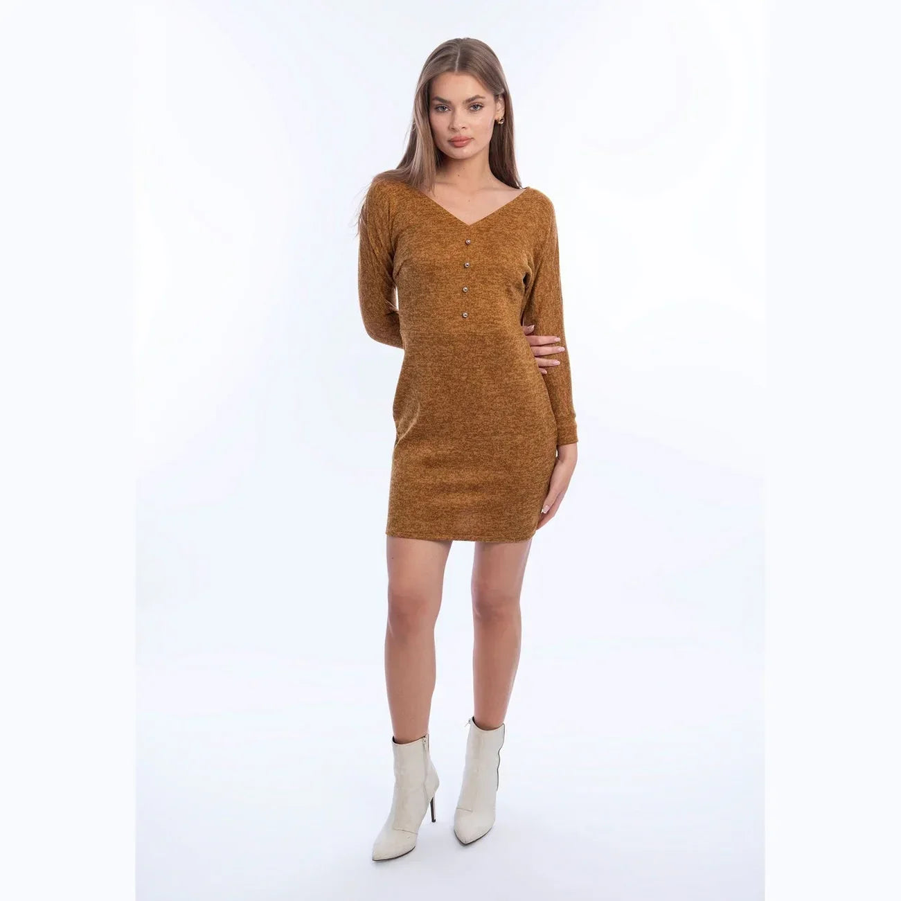 Mustard V-Neck Wool Short Dress - Viva 2