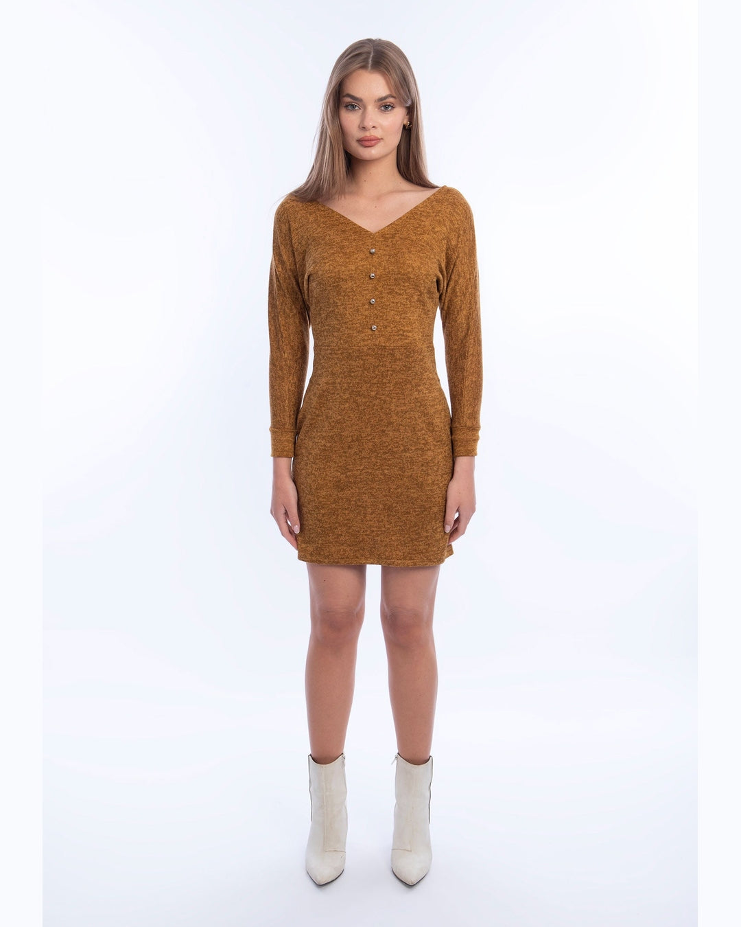 Viva - Mustard V-Neck Wool Short Dress 4