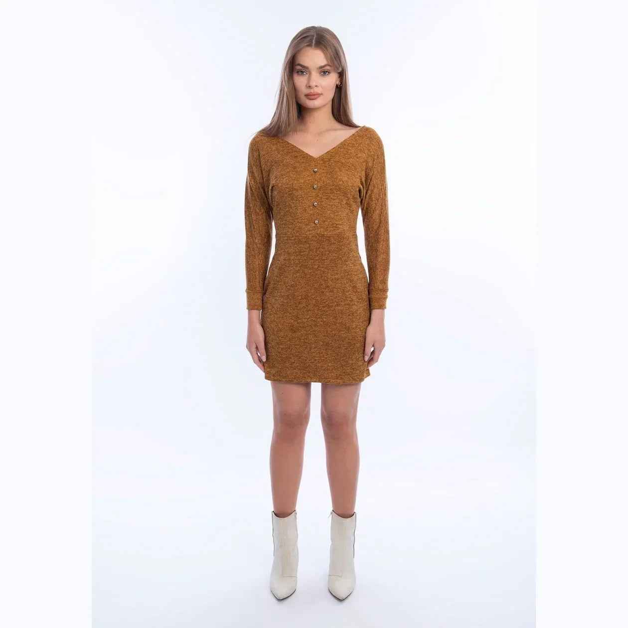 Mustard V-Neck Wool Short Dress - Viva - Babazzaro