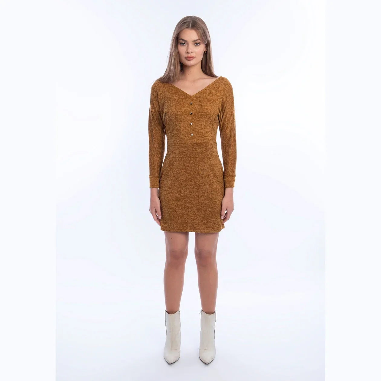 Viva - Mustard V-Neck Wool Short Dress 5