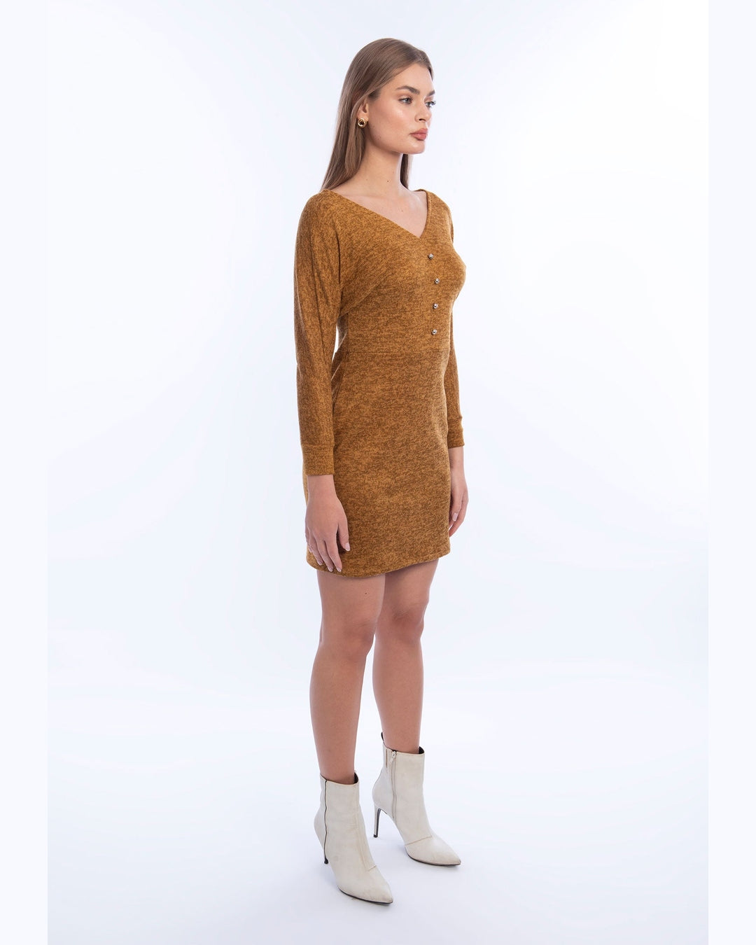 Viva - Mustard V-Neck Wool Short Dress 3