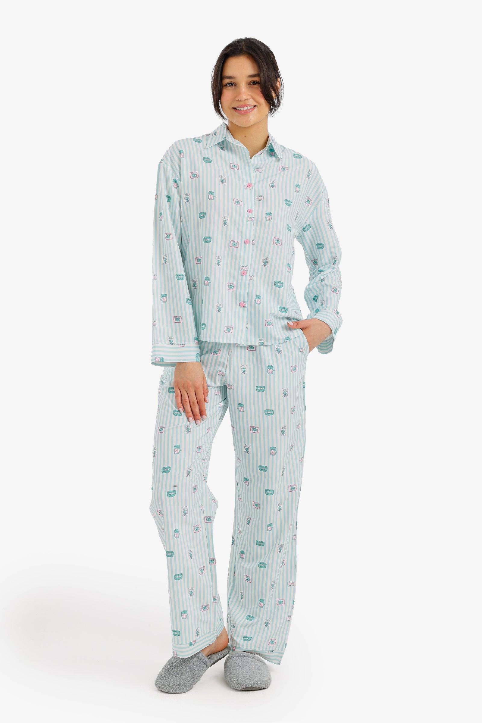 Striped Printed Pajama Set - Carina - Babazzaro