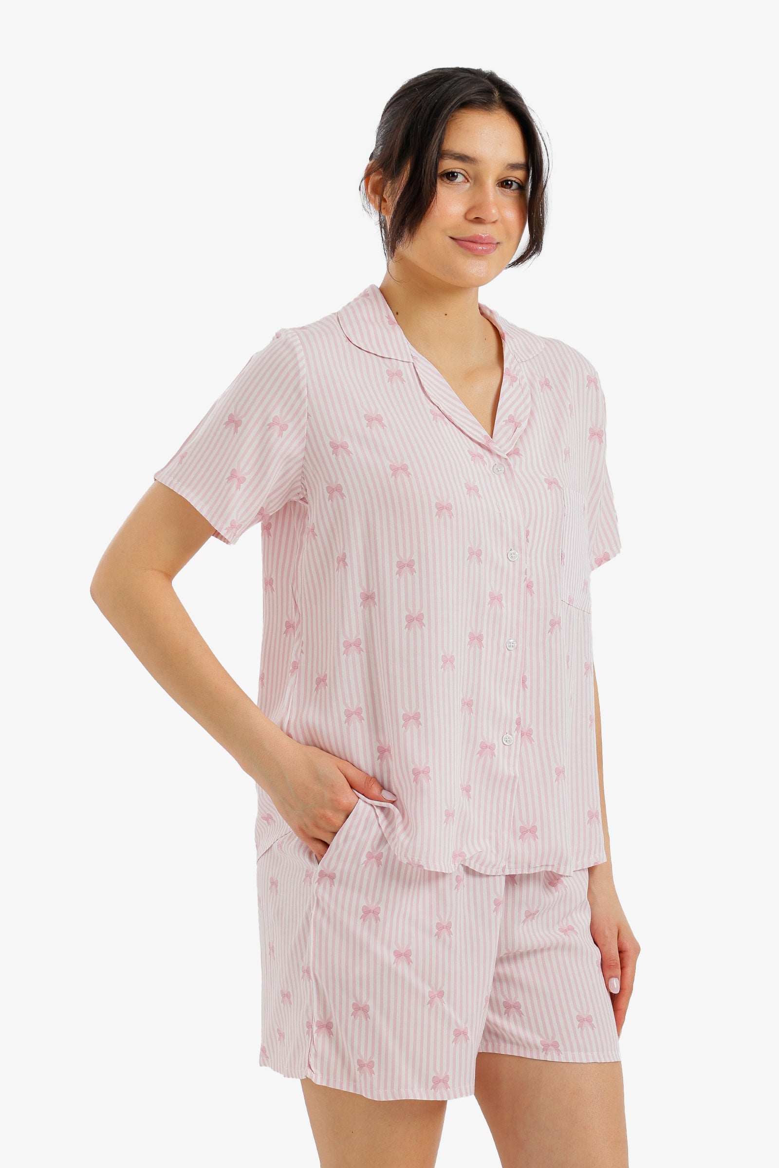Bow Detail Striped Pajama Set - Carina - Babazzaro