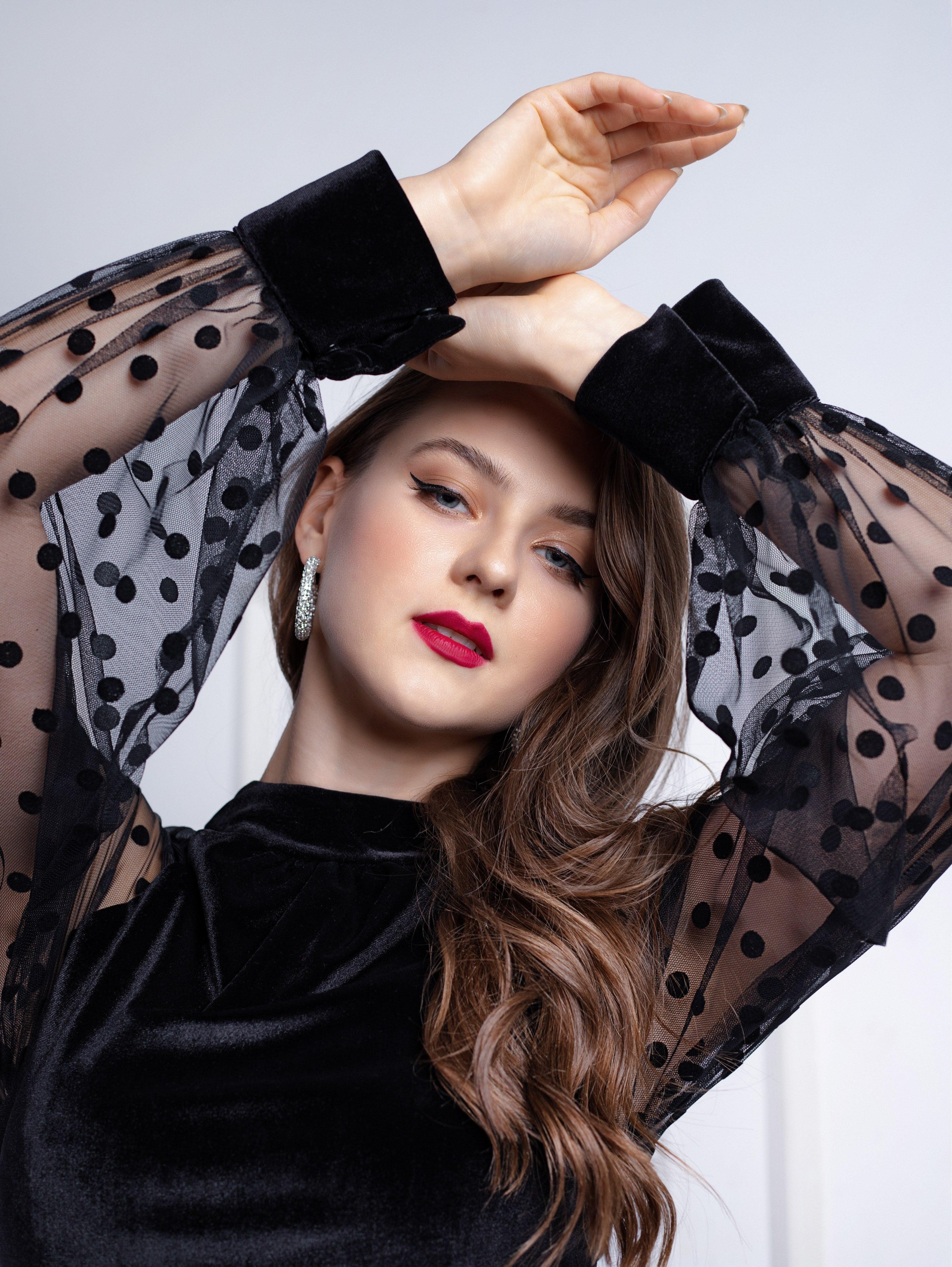 Reehan - Velvet jumpsuit with tulle sleeve 1