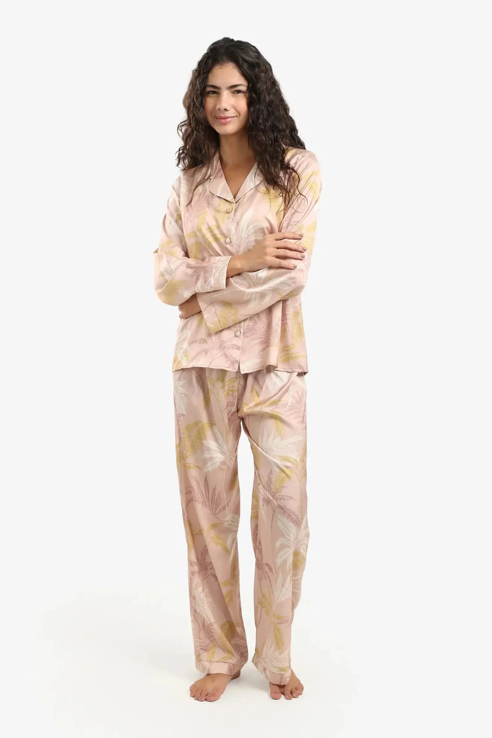 Carina - Leaf Print Satin Pyjama Set 2