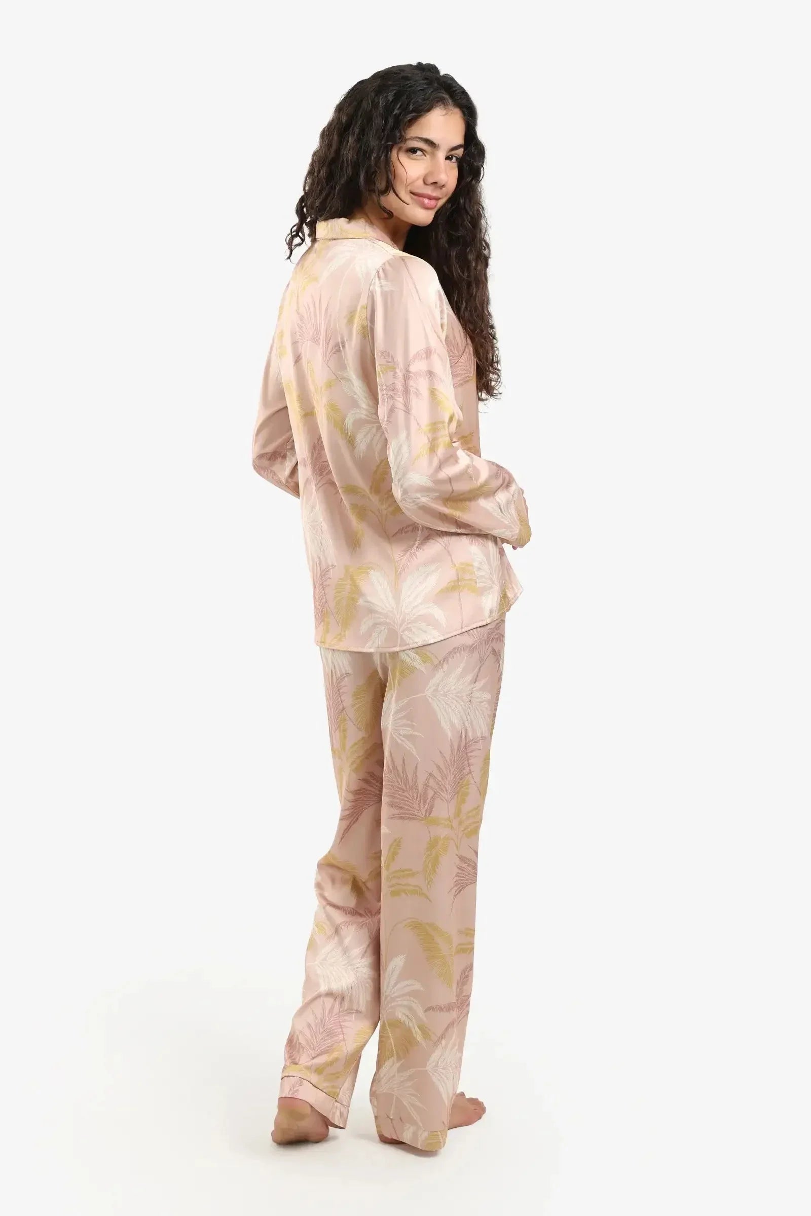 Carina - Leaf Print Satin Pyjama Set 4