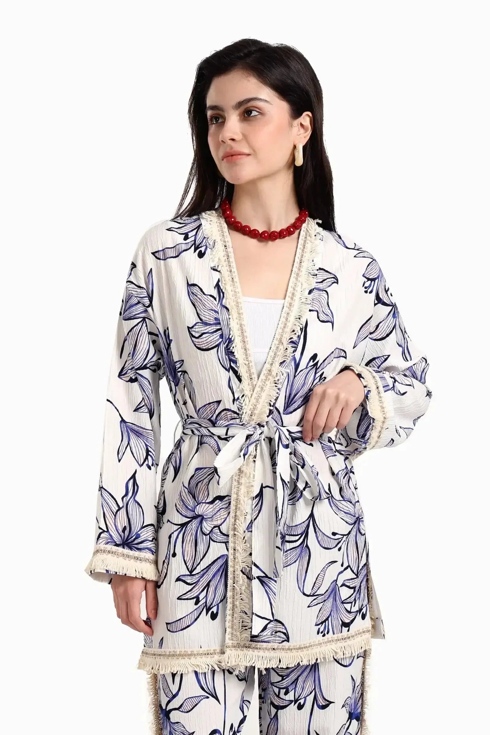 Carina - Blue Flowers Kimono with Fringes 1