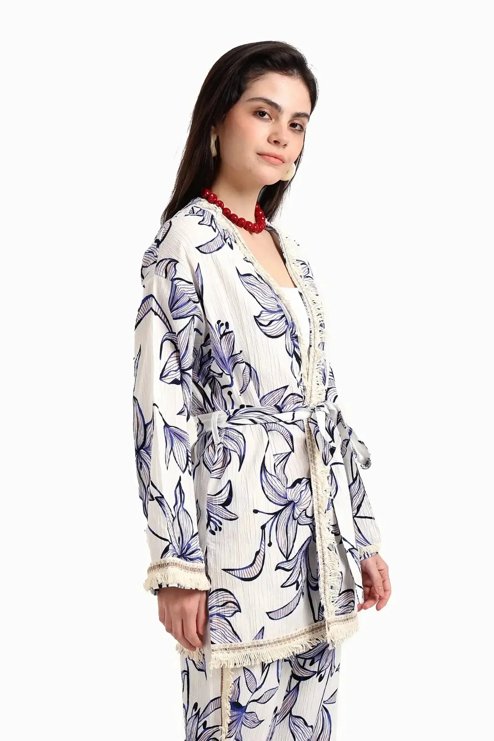 Carina - Blue Flowers Kimono with Fringes 2