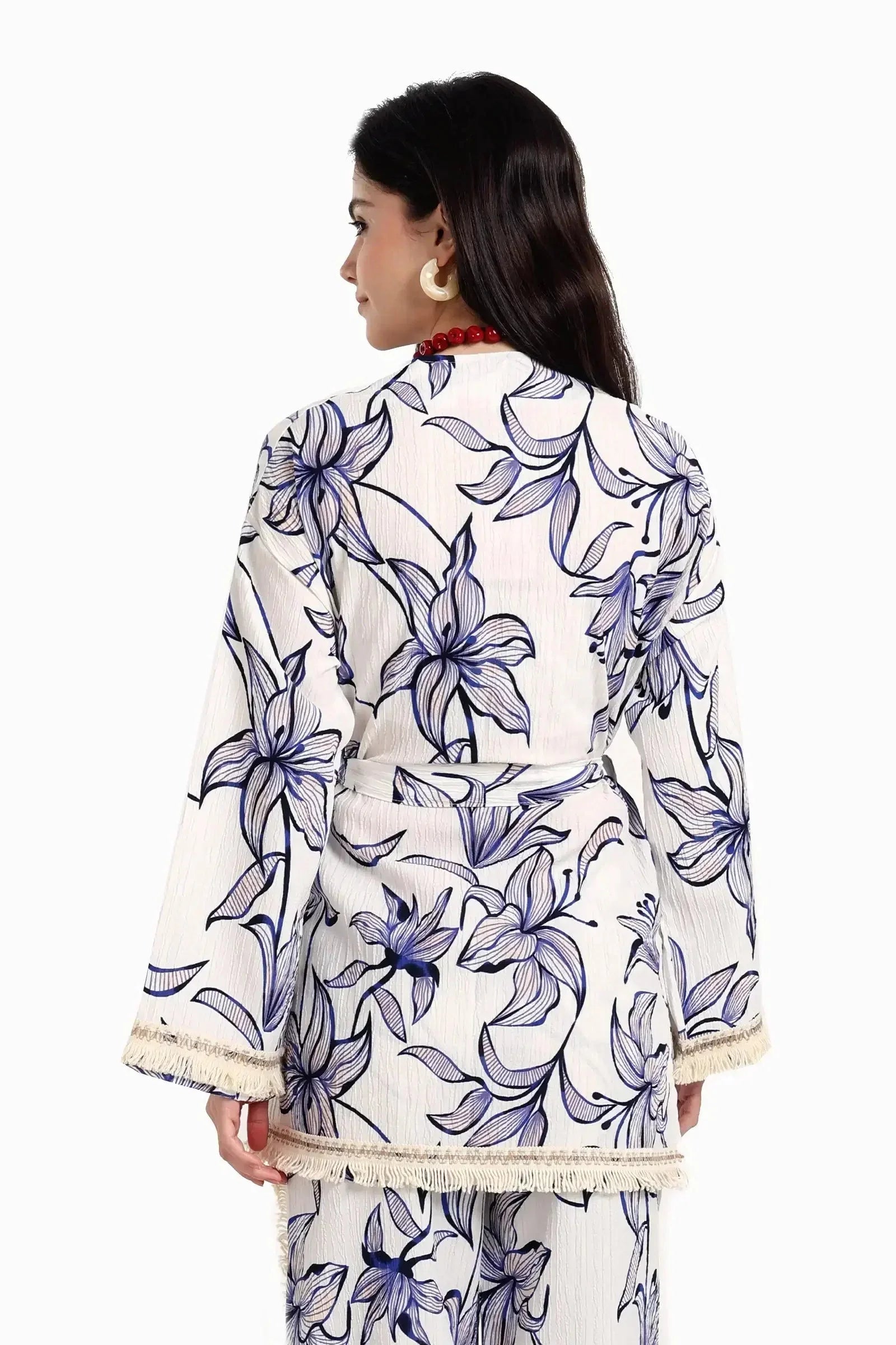 Carina - Blue Flowers Kimono with Fringes 3