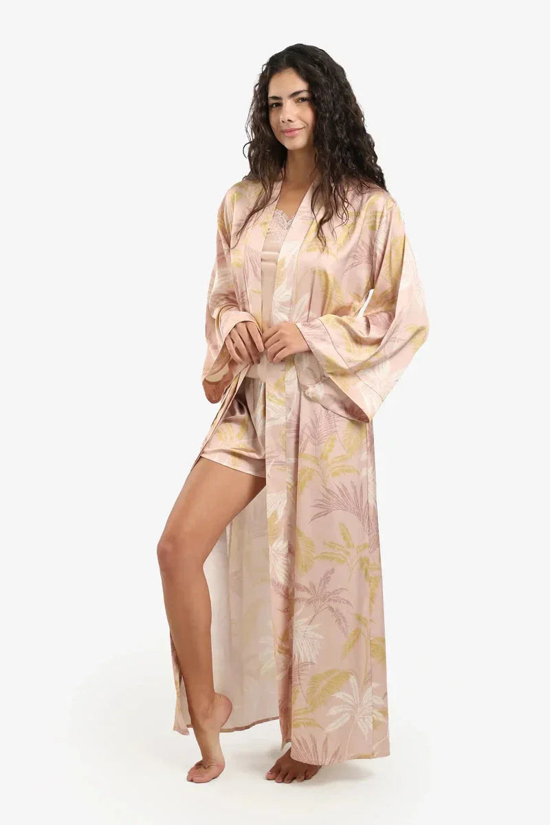 Carina - Leaf Print Maxi Satin Robe 2