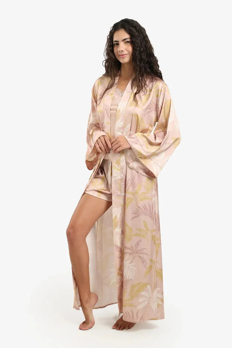 Carina - Leaf Print Maxi Satin Robe 4