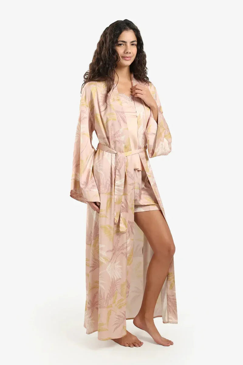 Carina - Leaf Print Maxi Satin Robe 20