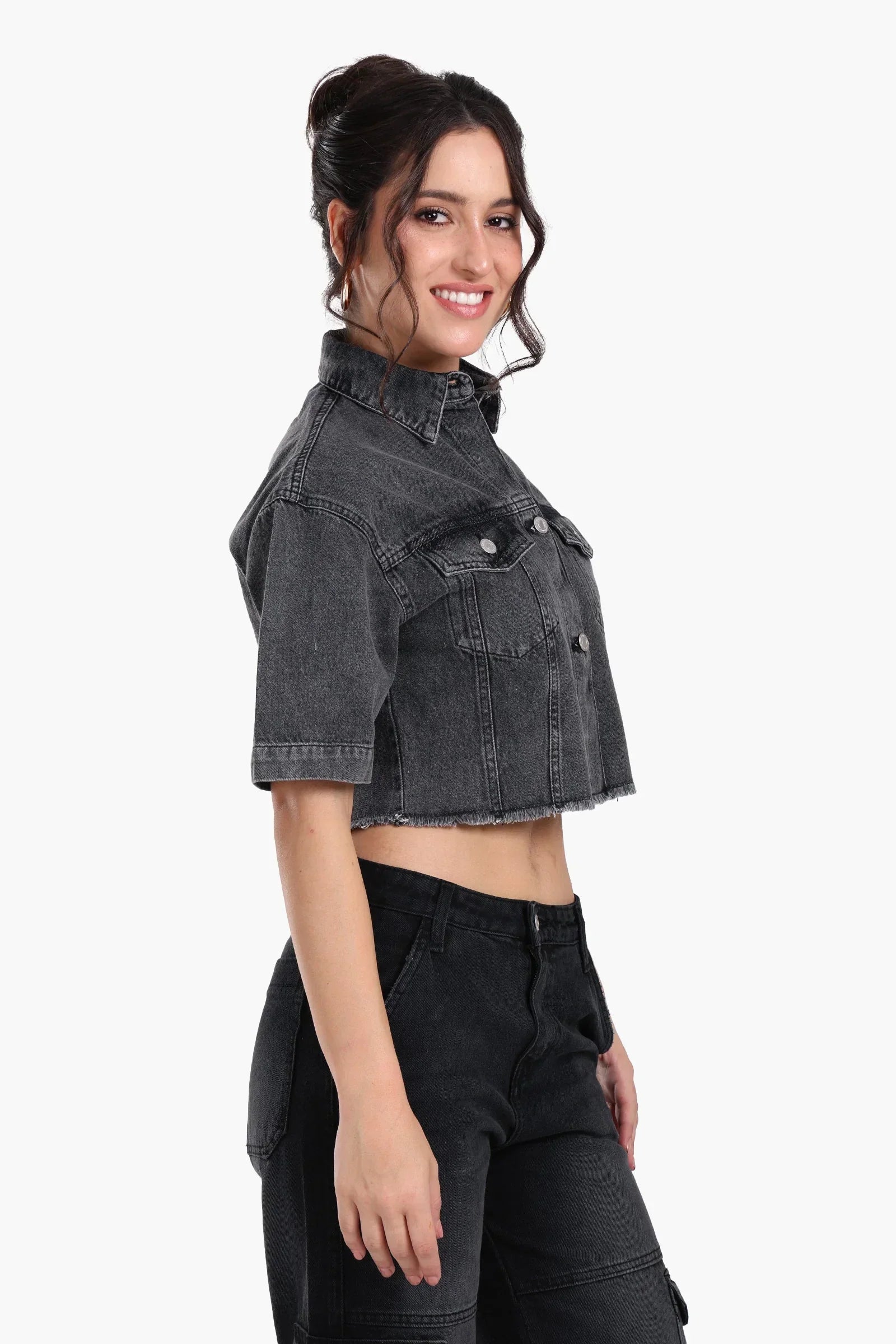 Clue - Grey Cropped Denim Shirt 3