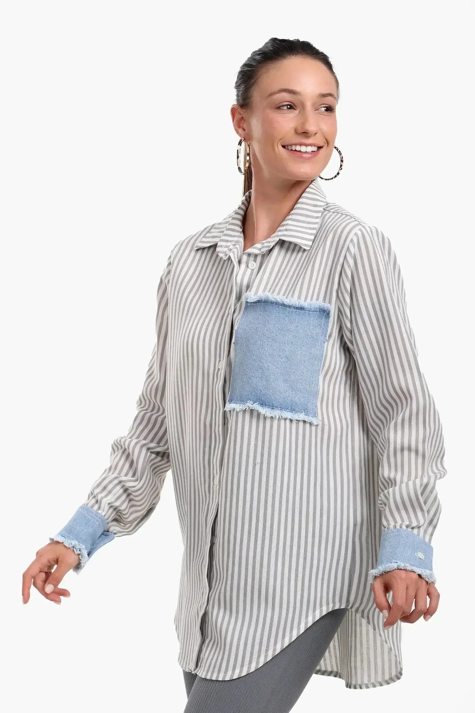 Carina - Striped Shirt with Denim Details 1