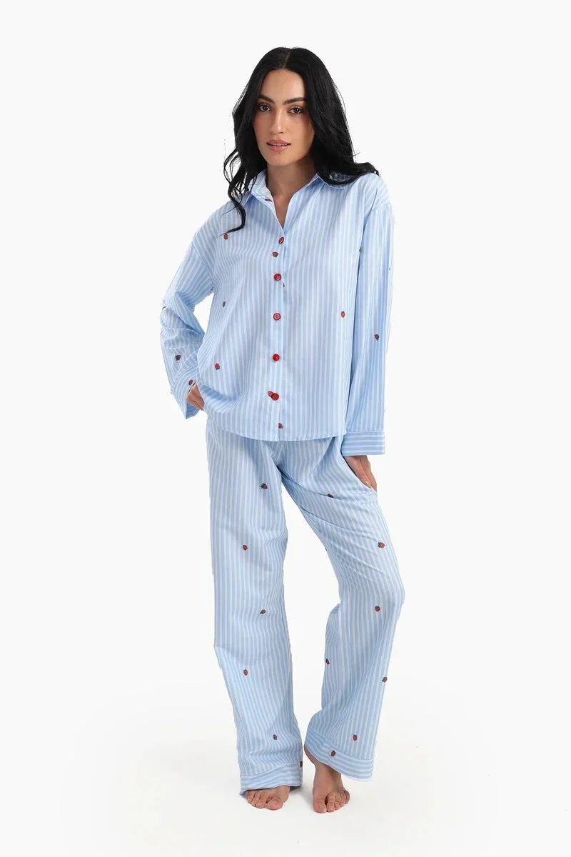 Carina - Striped Strawberry Printed Pyjama Set 1