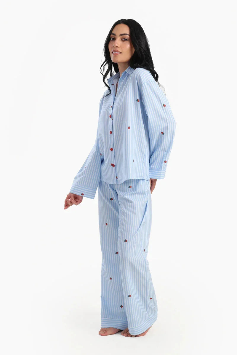 Carina - Striped Strawberry Printed Pyjama Set 2