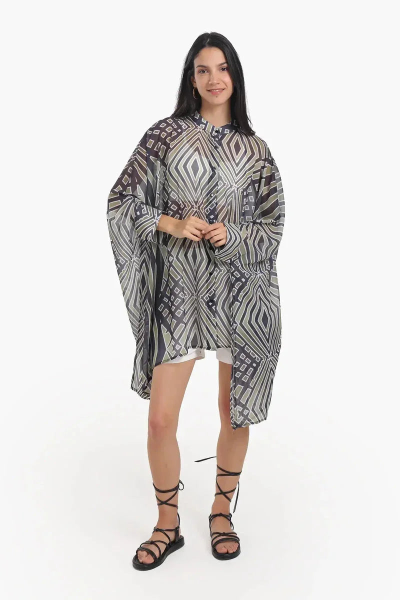 Carina - Chiffon Printed Shirt Poncho 1