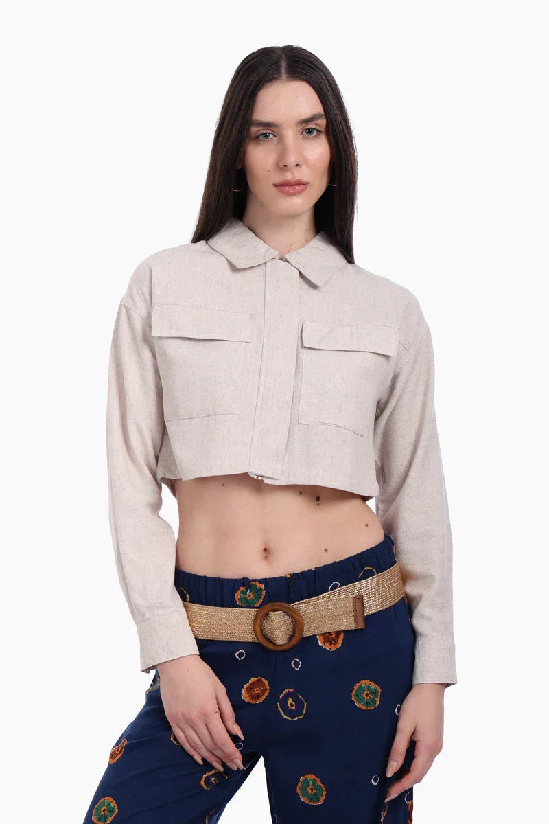 Carina - Beige Linen Cropped Shirt 2
