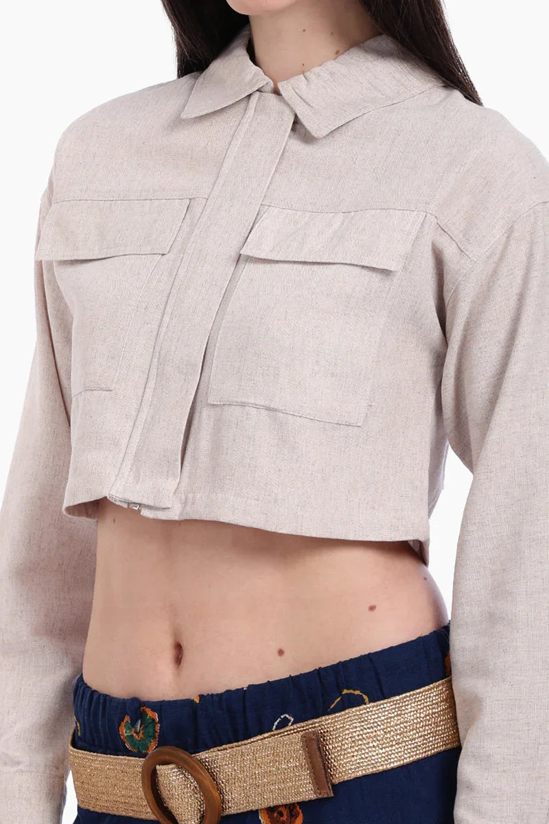 Carina - Beige Linen Cropped Shirt 5