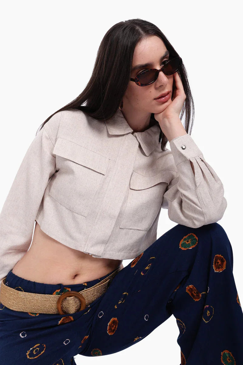 Carina - Beige Linen Cropped Shirt 1