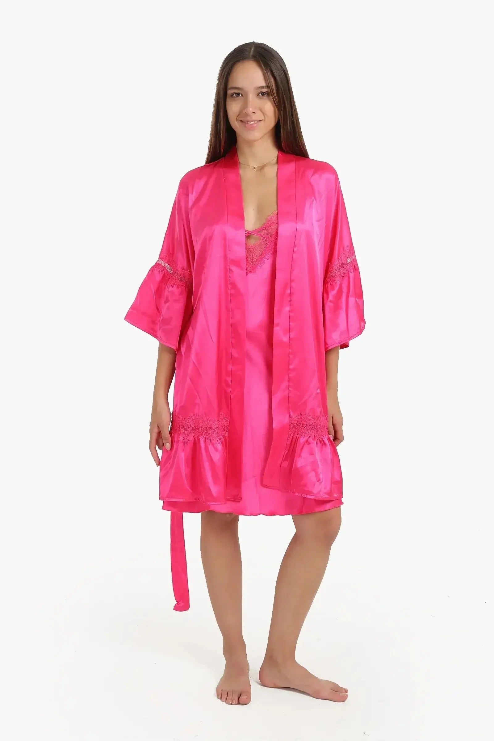 Carina - Fuchsia Satin Robe with Ruffles 4