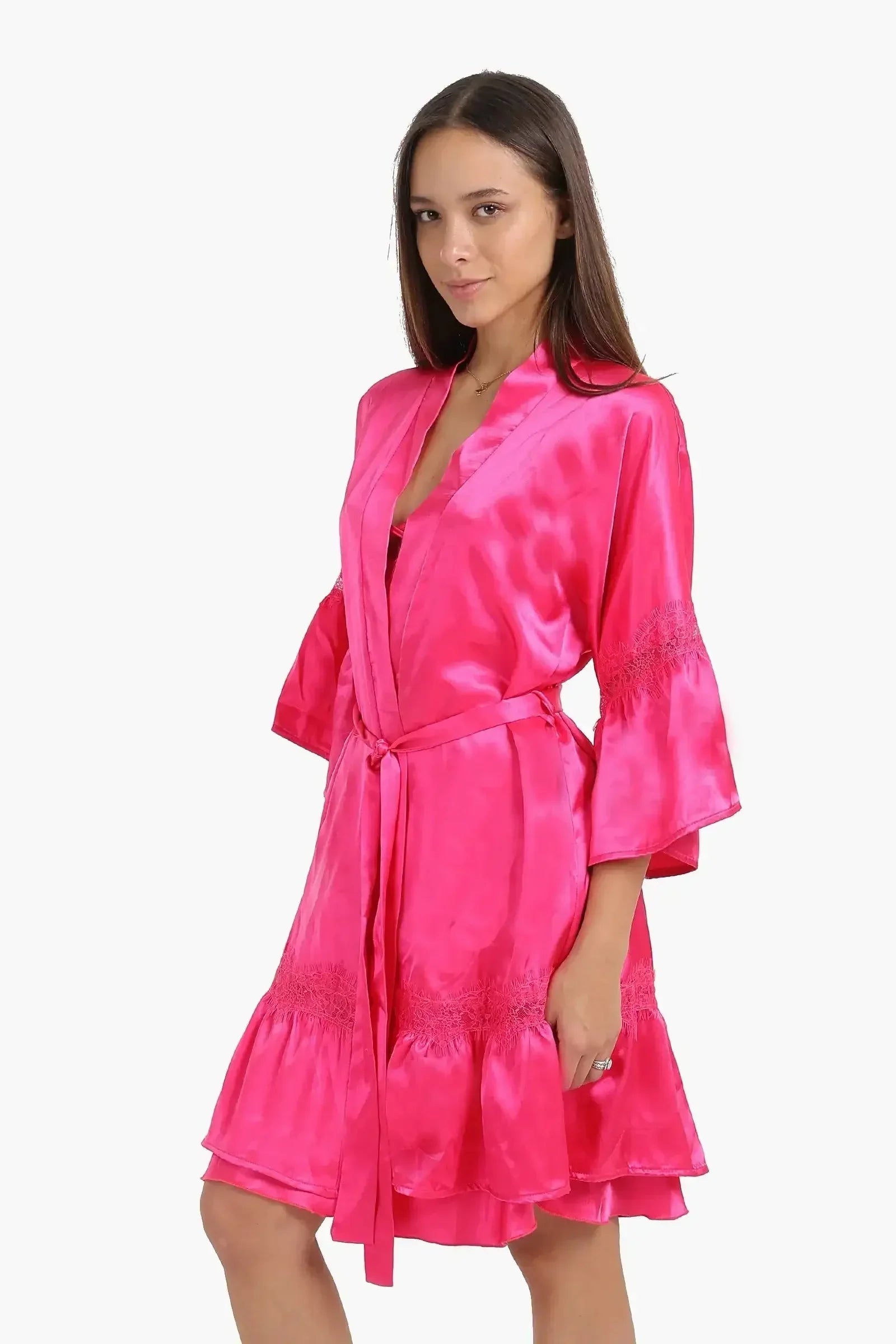 Carina - Fuchsia Satin Robe with Ruffles 1