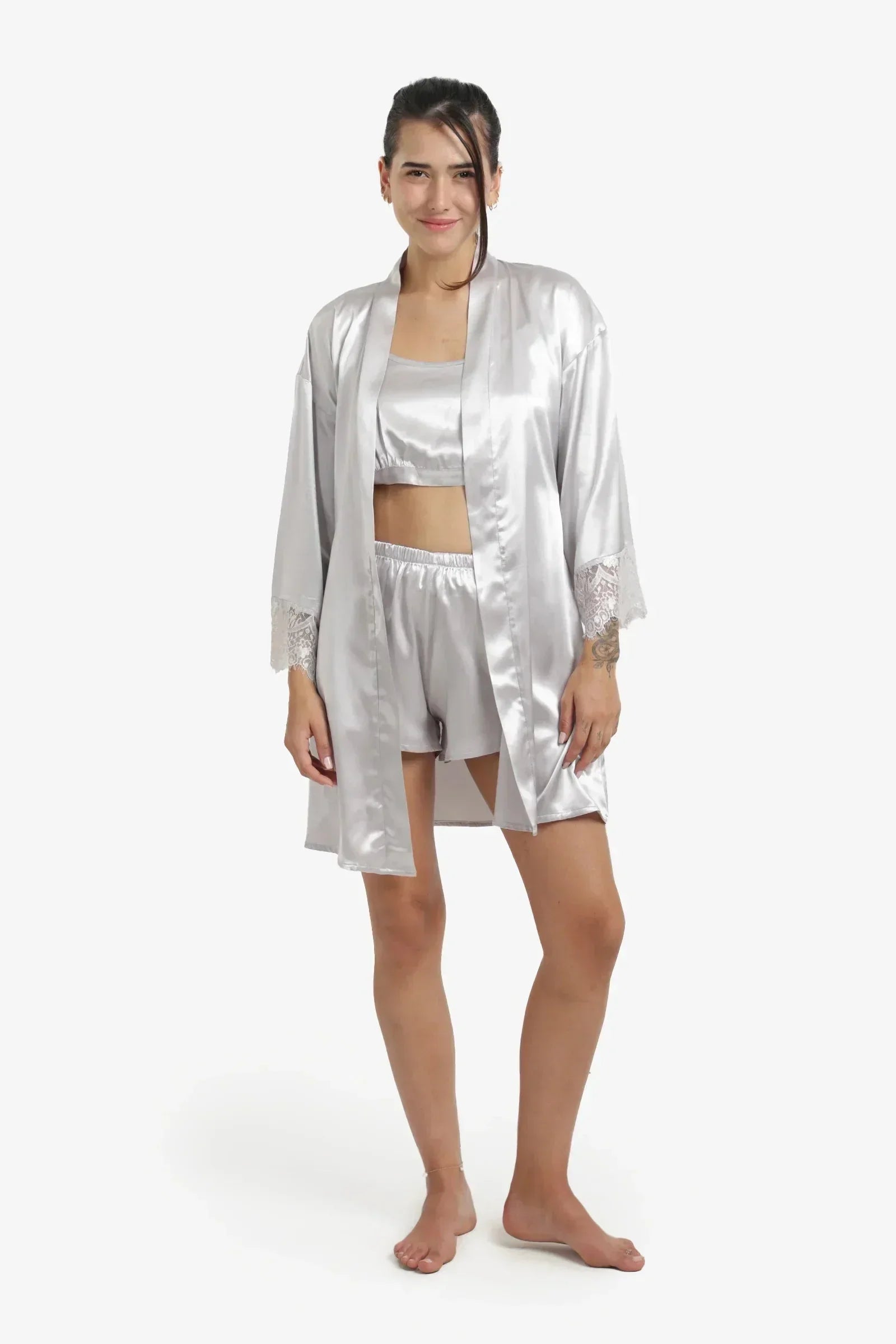 Carina - Silver Lace Trim Satin Robe 1
