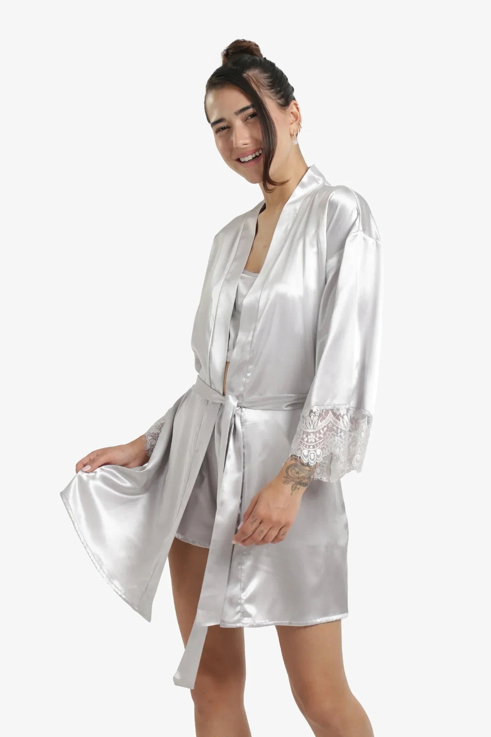 Carina - Silver Lace Trim Satin Robe 2