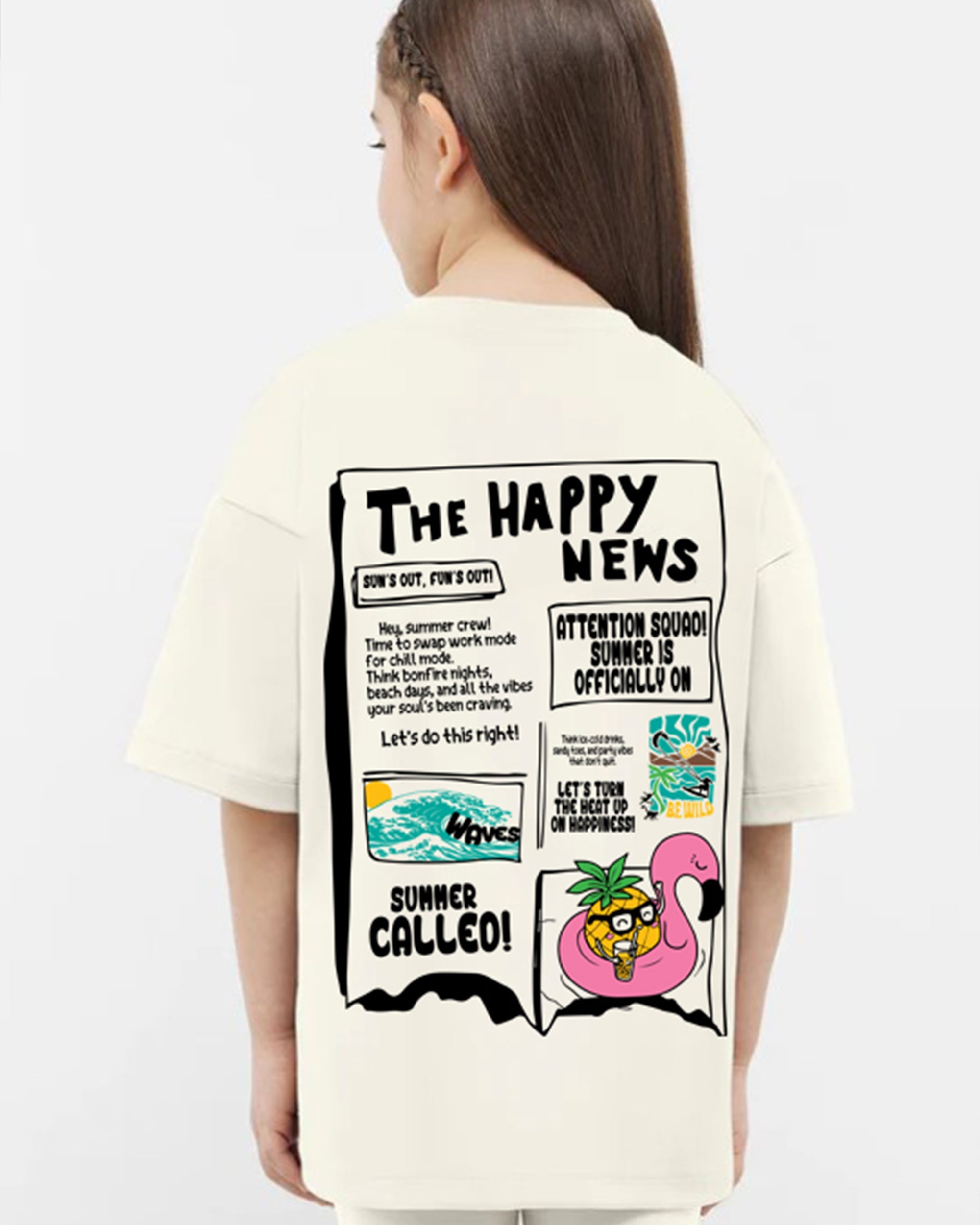 Happy News Girls Oversized SS T-Shirt - Off White - NAS Trends