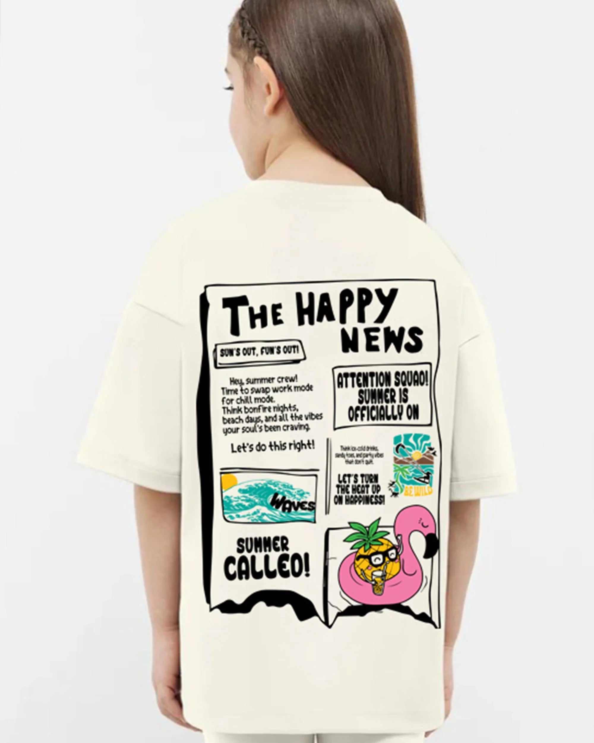 Happy News Girls Oversized SS T-Shirt - Off White - NAS Trends 3