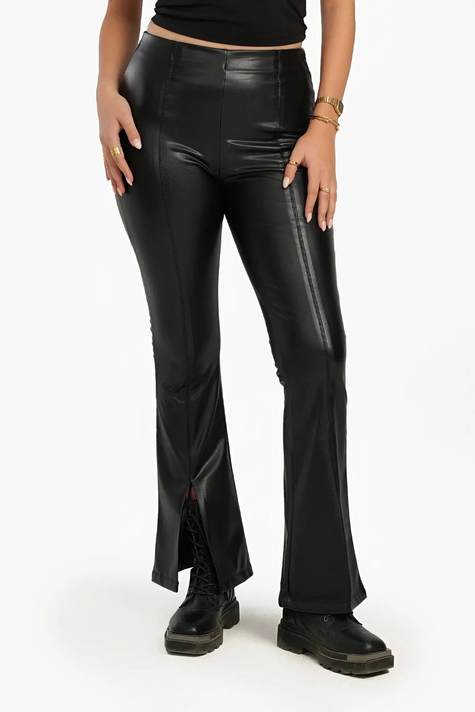 Carina - Black Leather Flare Pants 2