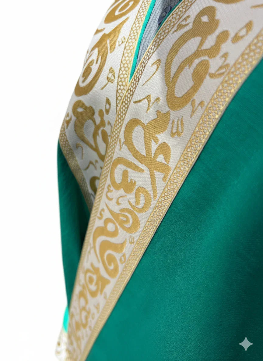 Urbantique - Green Kaftan with Gold Arabic Letters 2