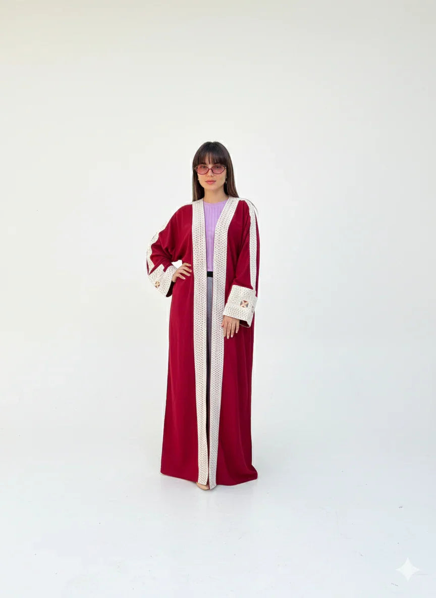 Urbantique - Burgundy Kaftan Embroidered in Beige 1