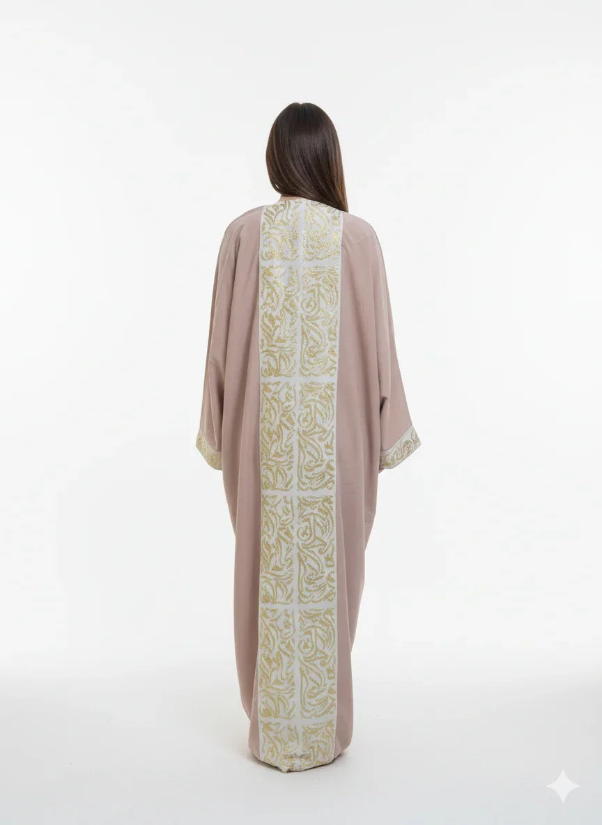 Urbantique - Beige Kaftan Embroidered with Arabic Letters in Gold 3