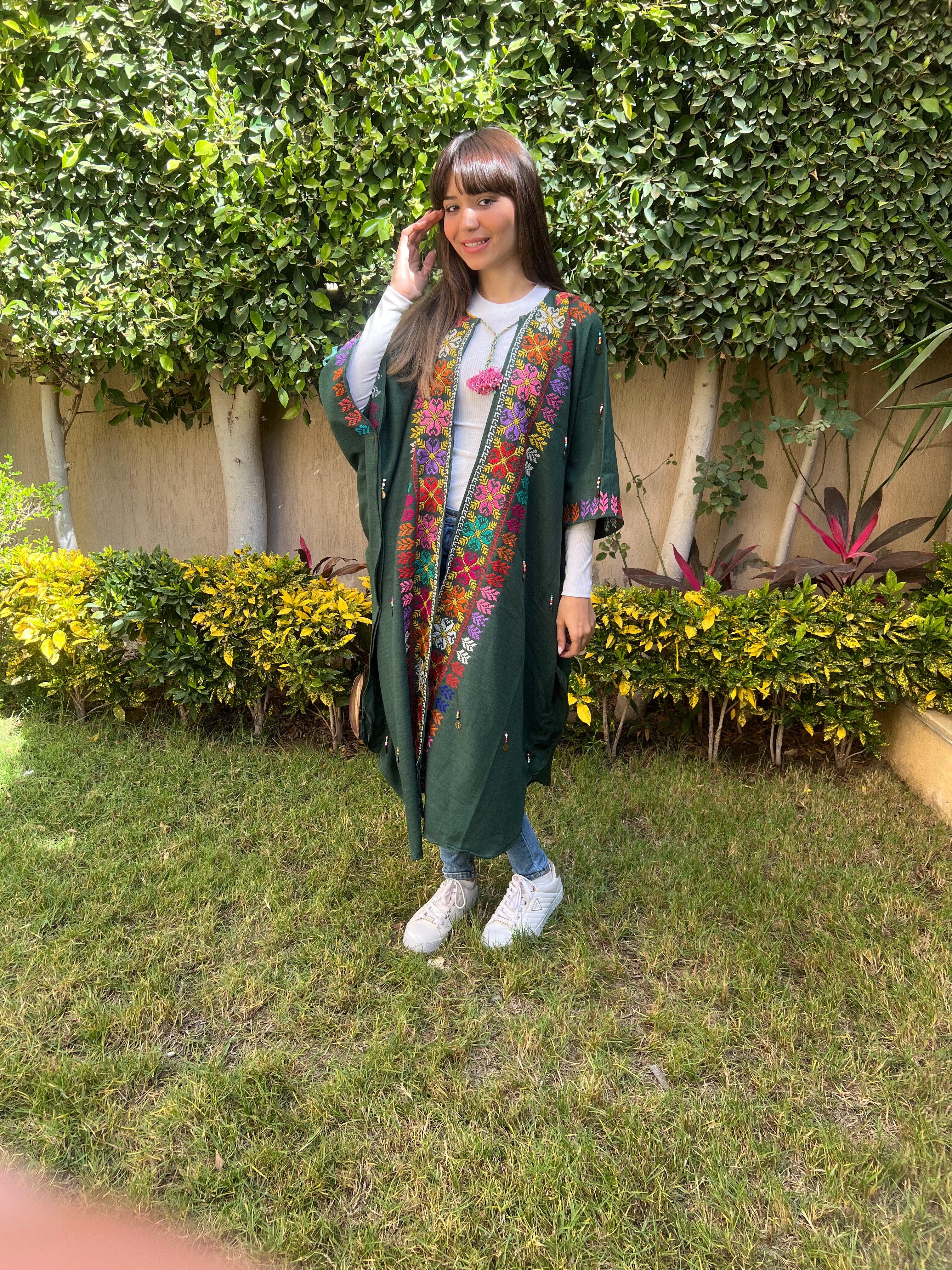 Urbantique - Green Kaftan with Multicolored Embroidery 1