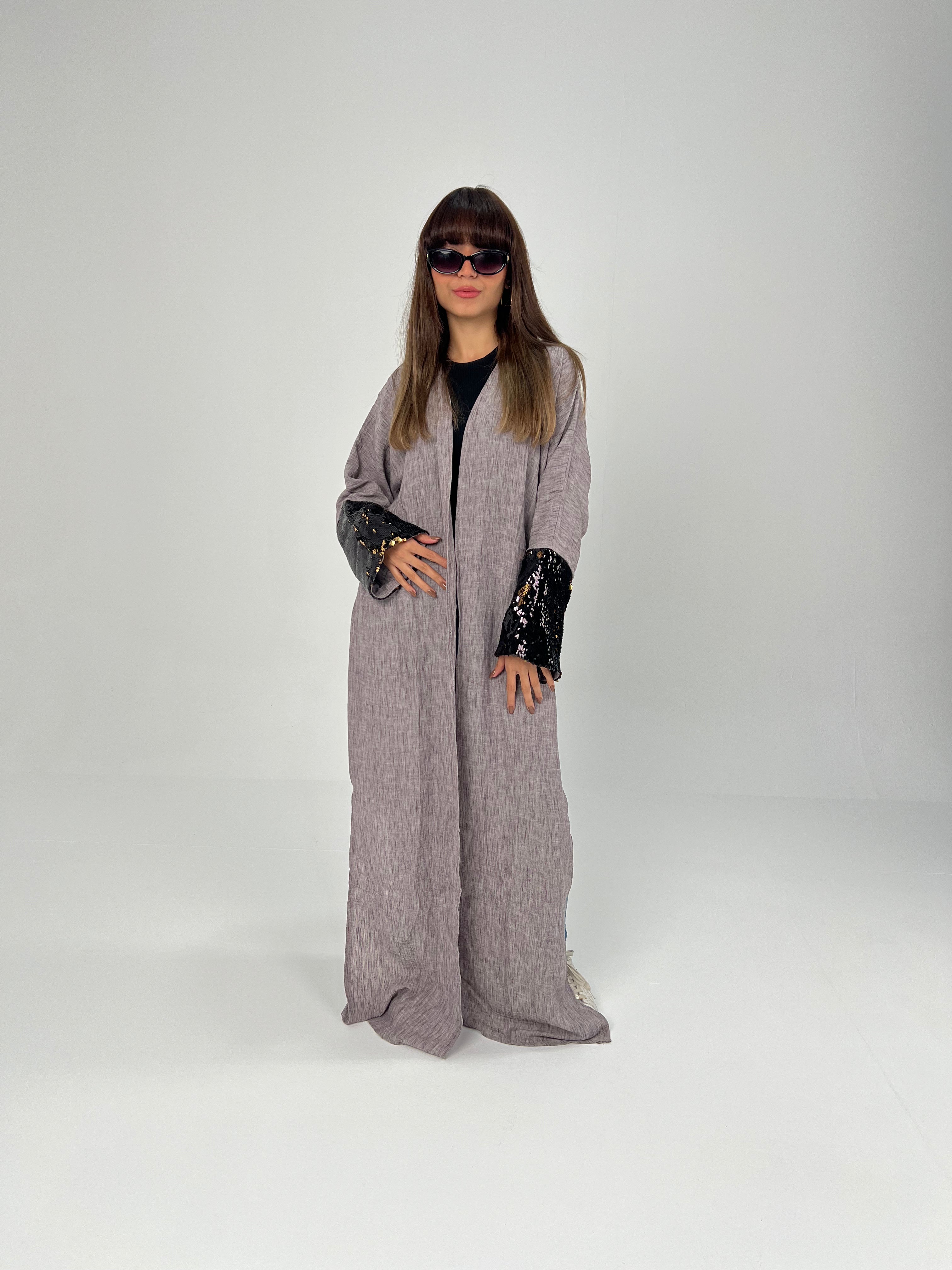 Urbantique - Gray Moroccan Kaftan Embroidered with Sequins 1
