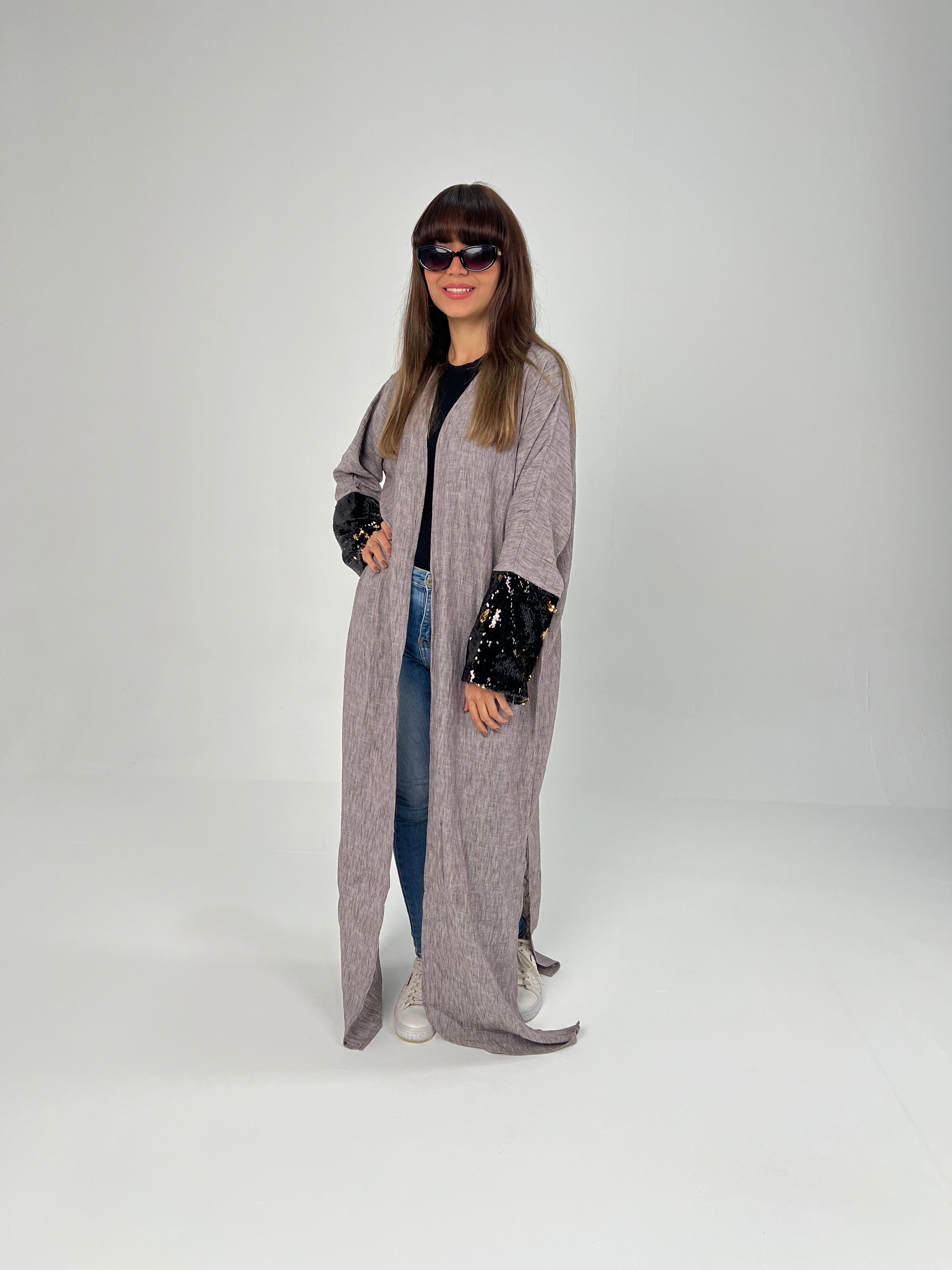 Urbantique - Gray Moroccan Kaftan Embroidered with Sequins 2