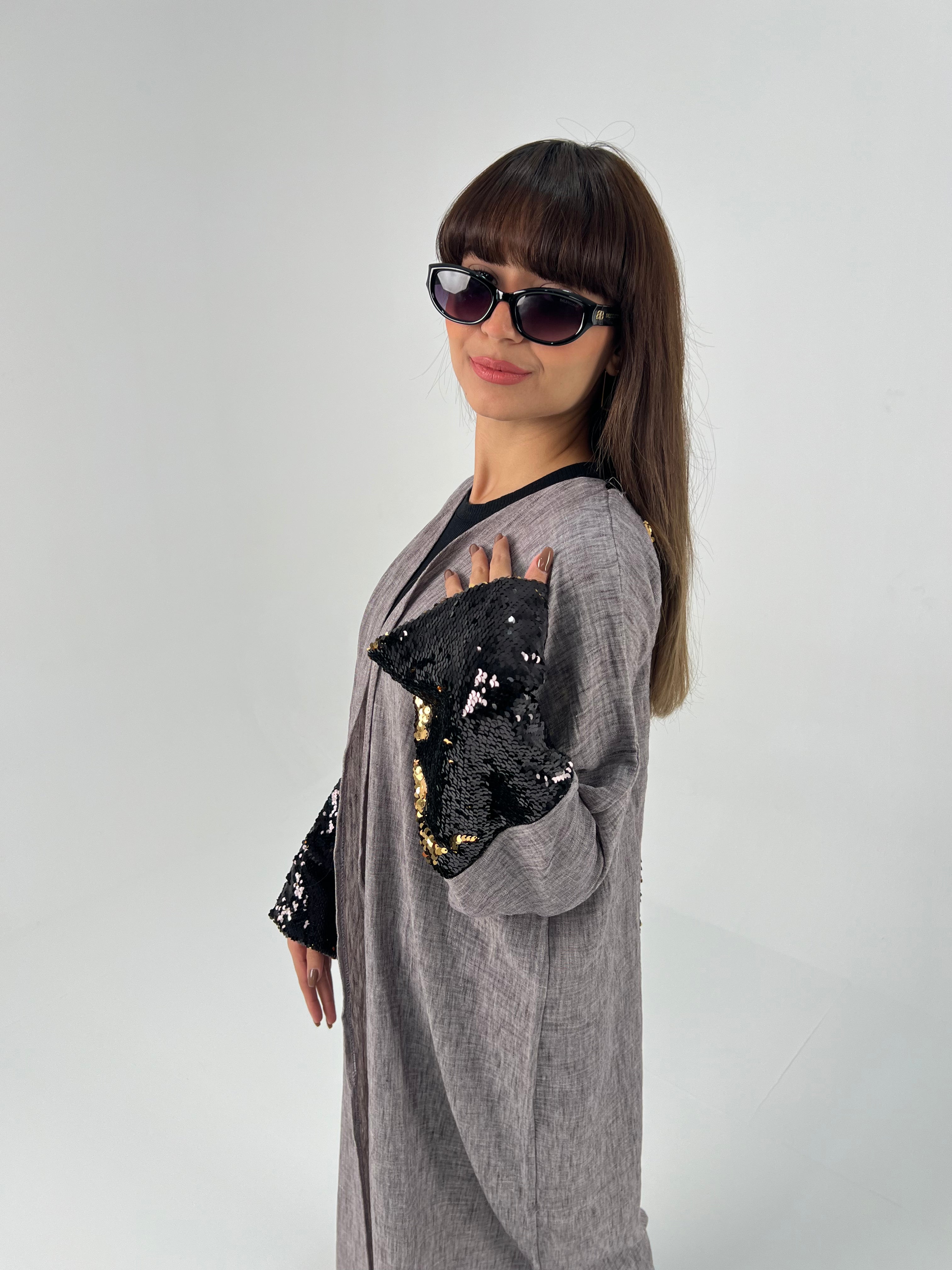 Urbantique - Gray Moroccan Kaftan Embroidered with Sequins 5
