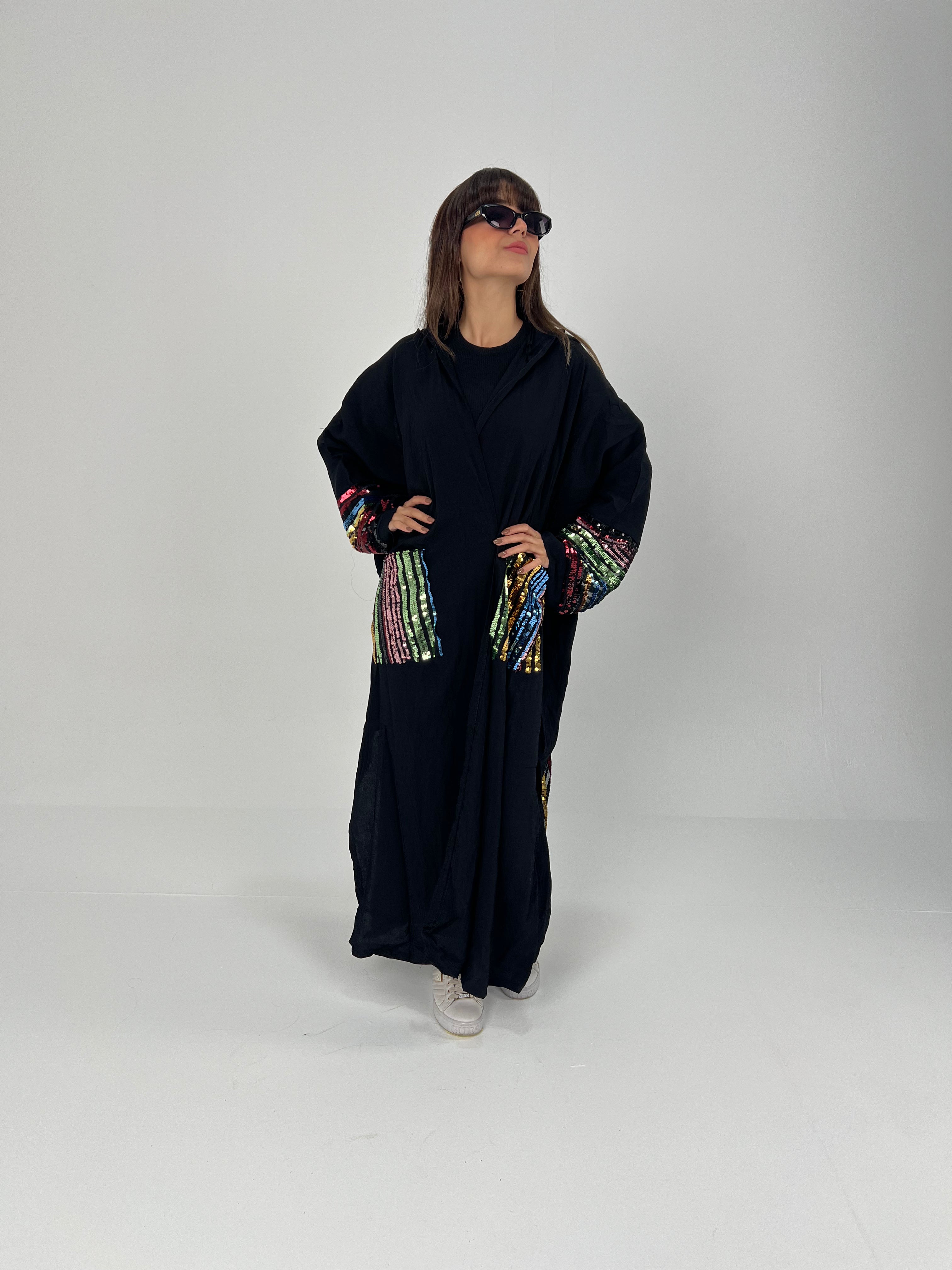 Urbantique - Black Moroccan Kaftan Embroidered with Sequins 5