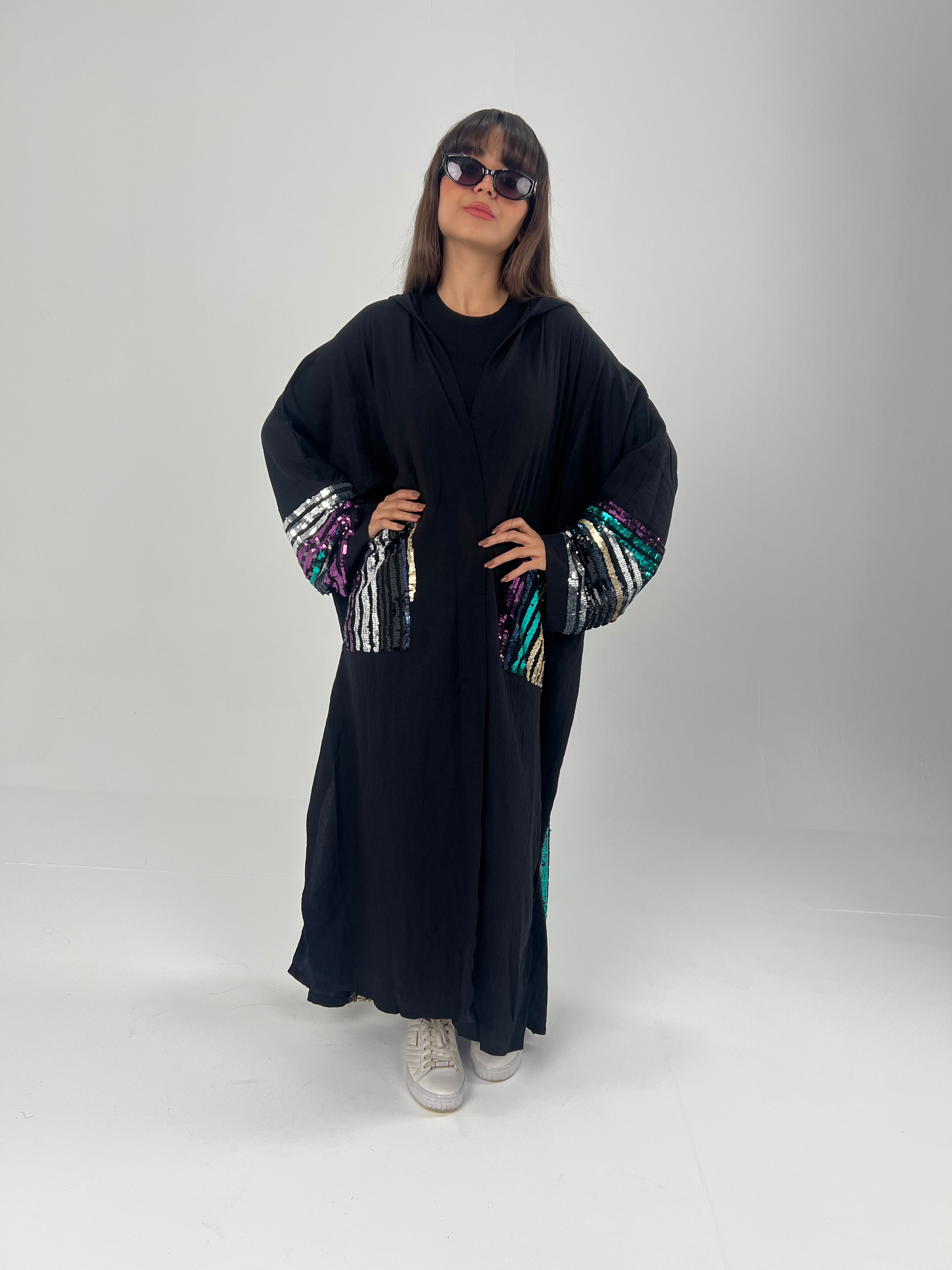 Urbantique - Black Moroccan Kaftan Embroidered with Gold*Silver Sequins 1