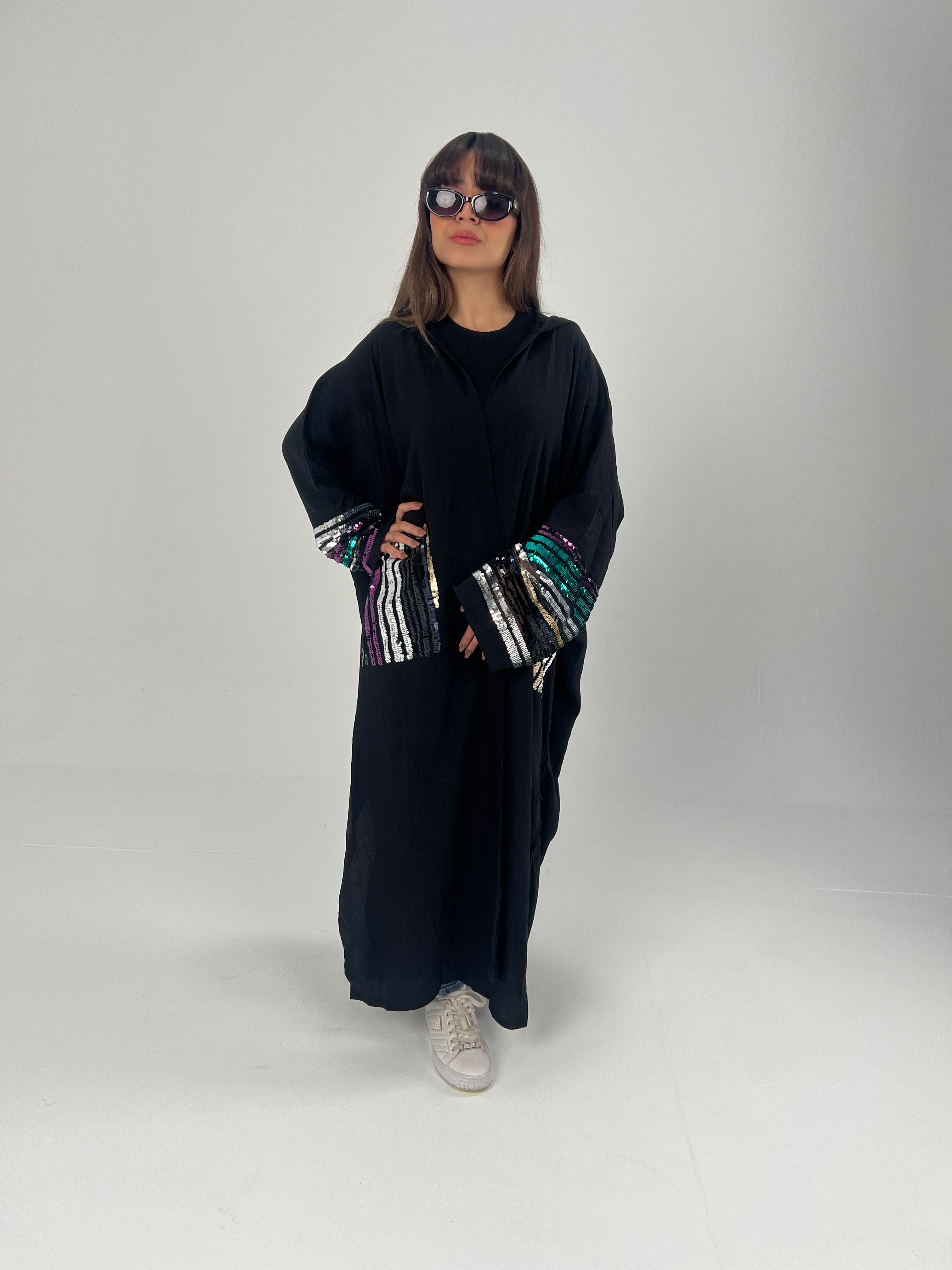 Urbantique - Black Moroccan Kaftan Embroidered with Gold*Silver Sequins 2