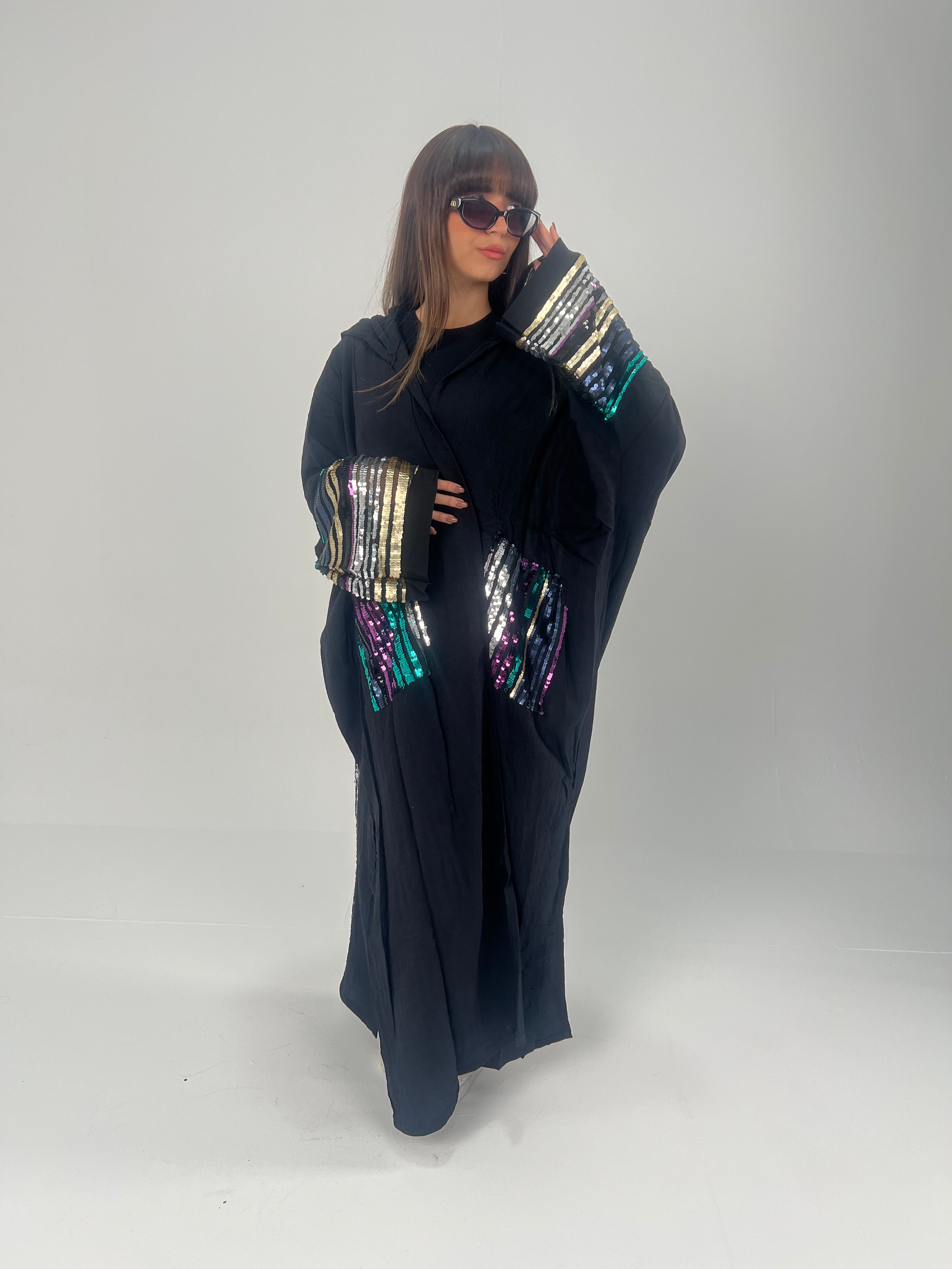 Urbantique - Black Moroccan Kaftan Embroidered with Gold*Silver Sequins 6