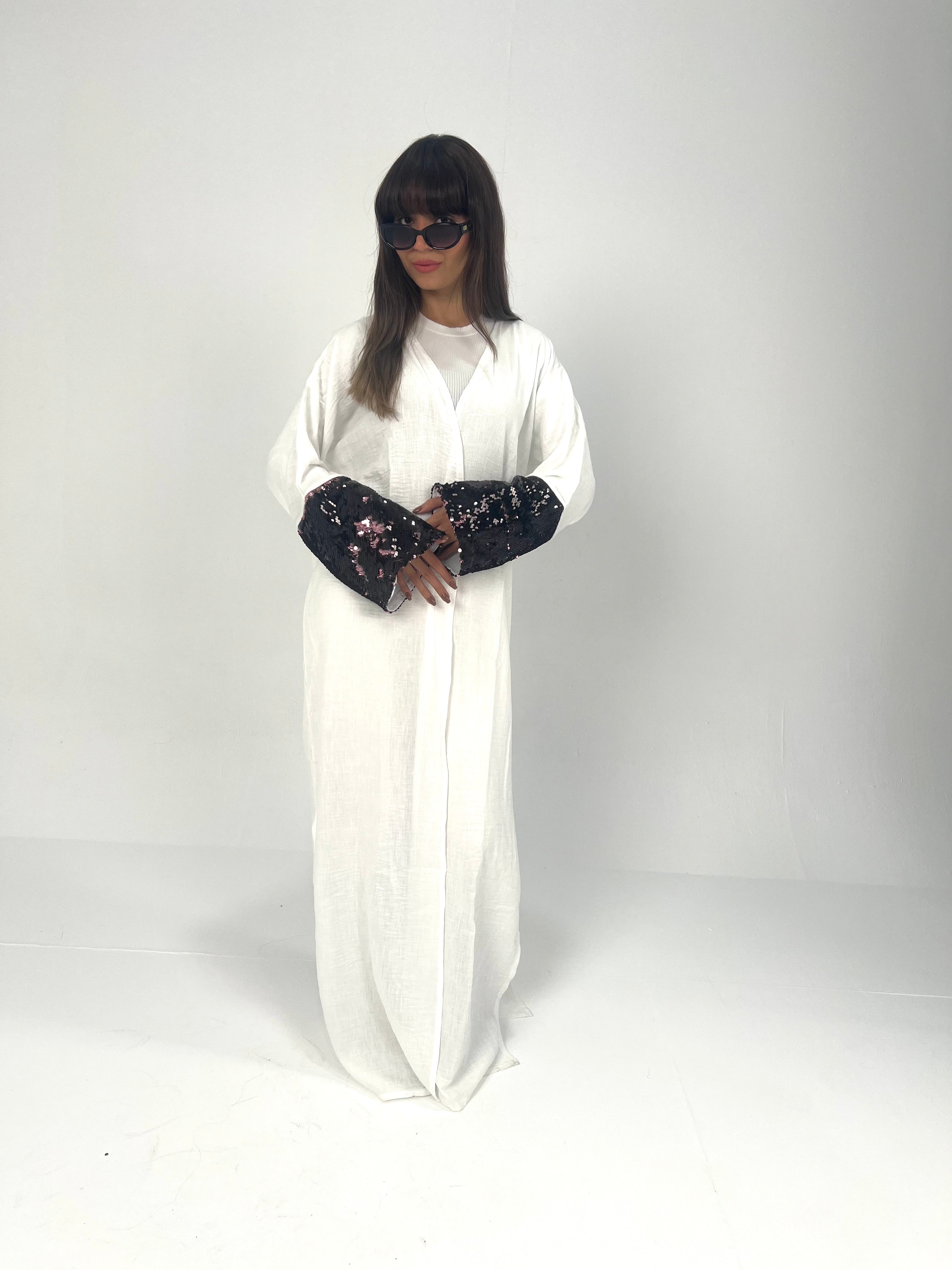 Urbantique - White Moroccan Kaftan Embroidered with Sequins 3