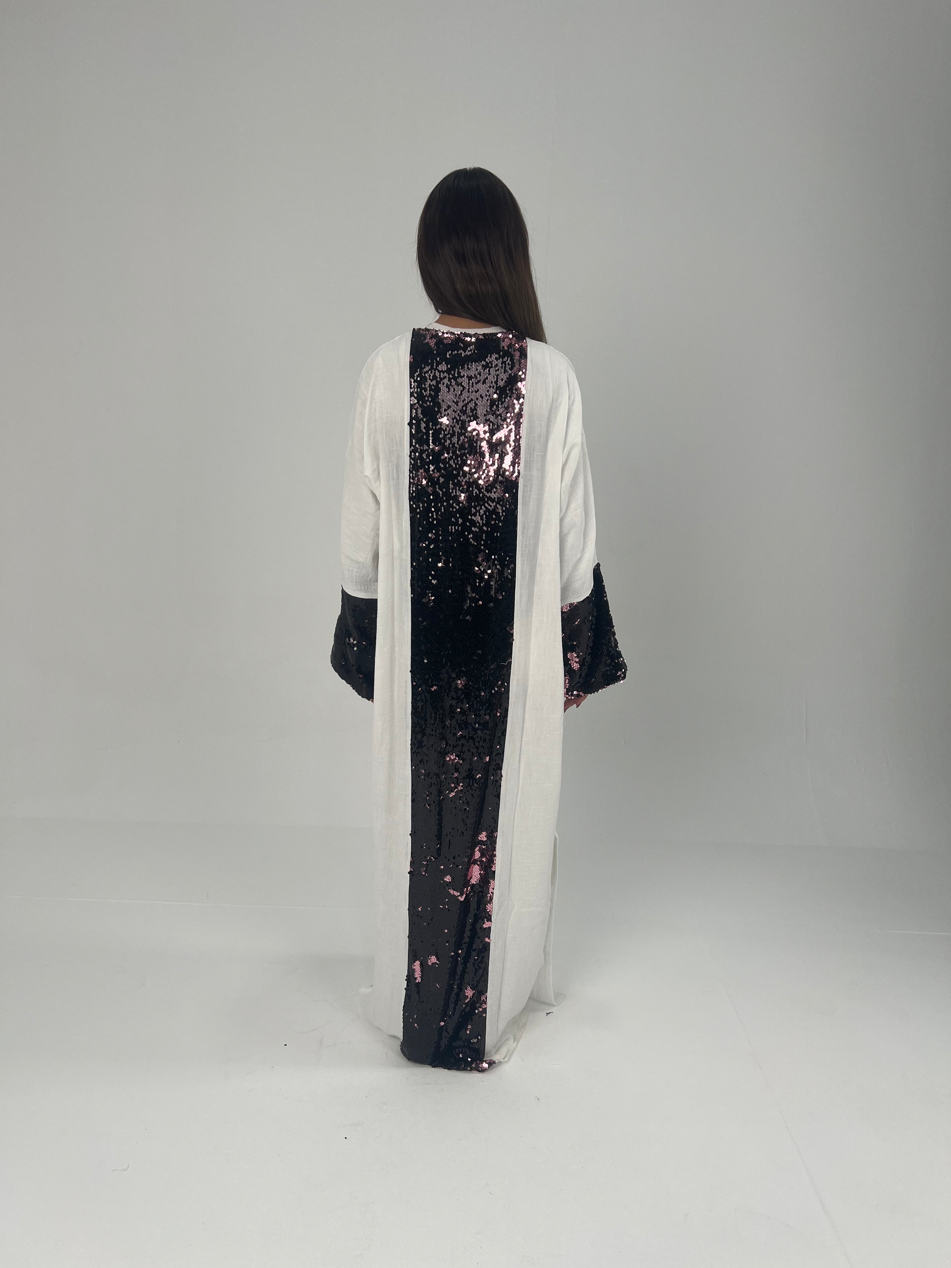 Urbantique - White Moroccan Kaftan Embroidered with Sequins 7