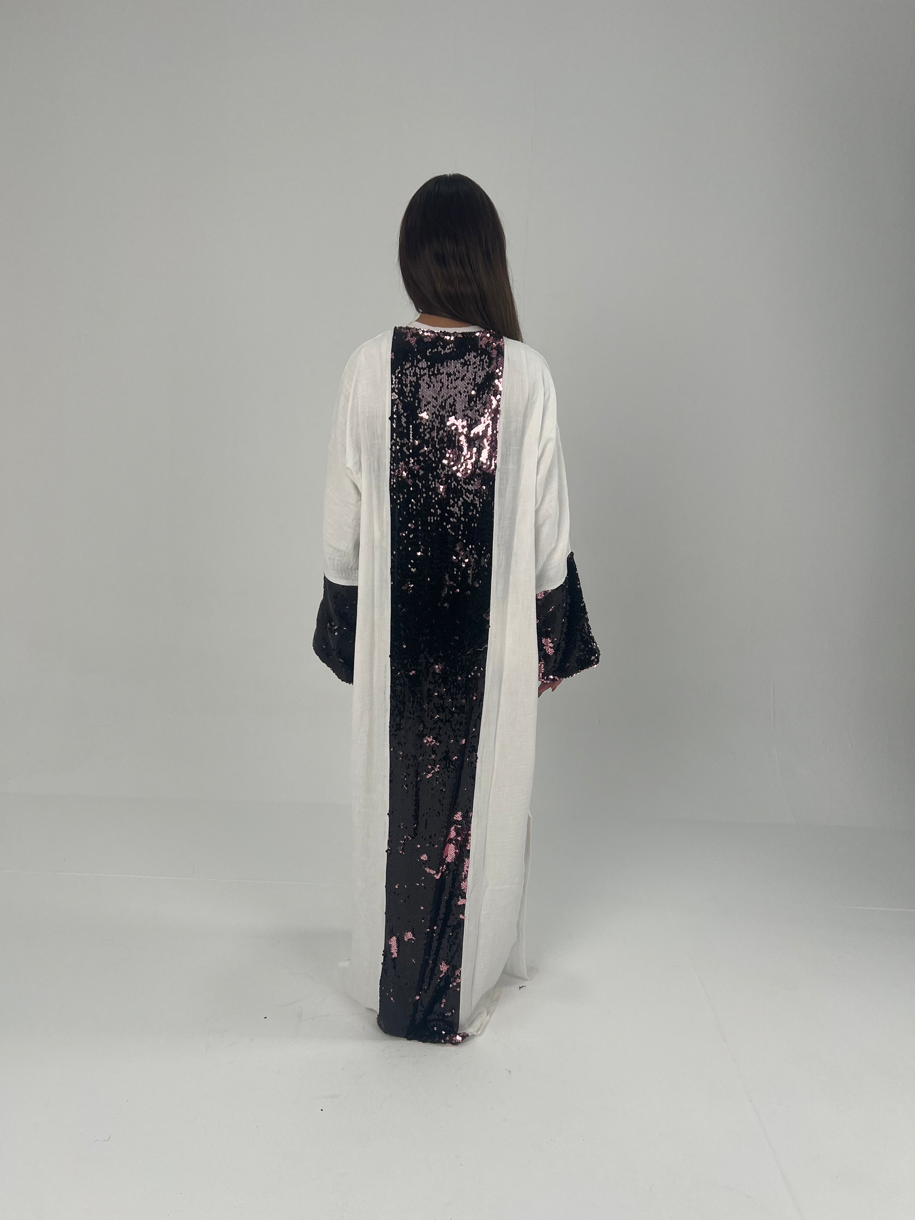Urbantique - White Moroccan Kaftan Embroidered with Sequins 8