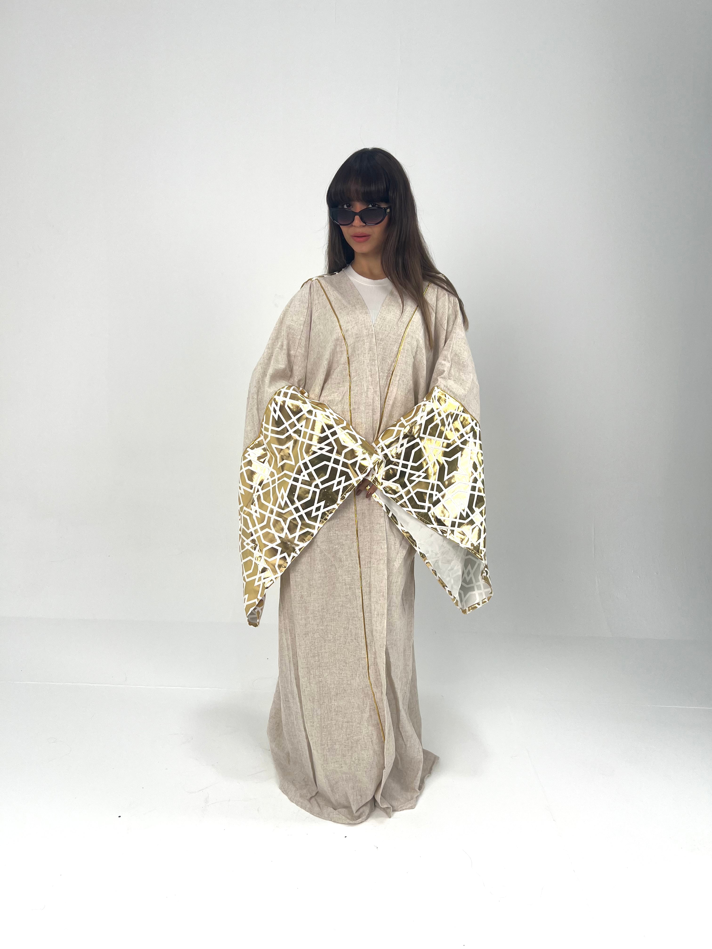 Urbantique - Plus Size Beige Kaftan in Gold Linen 1
