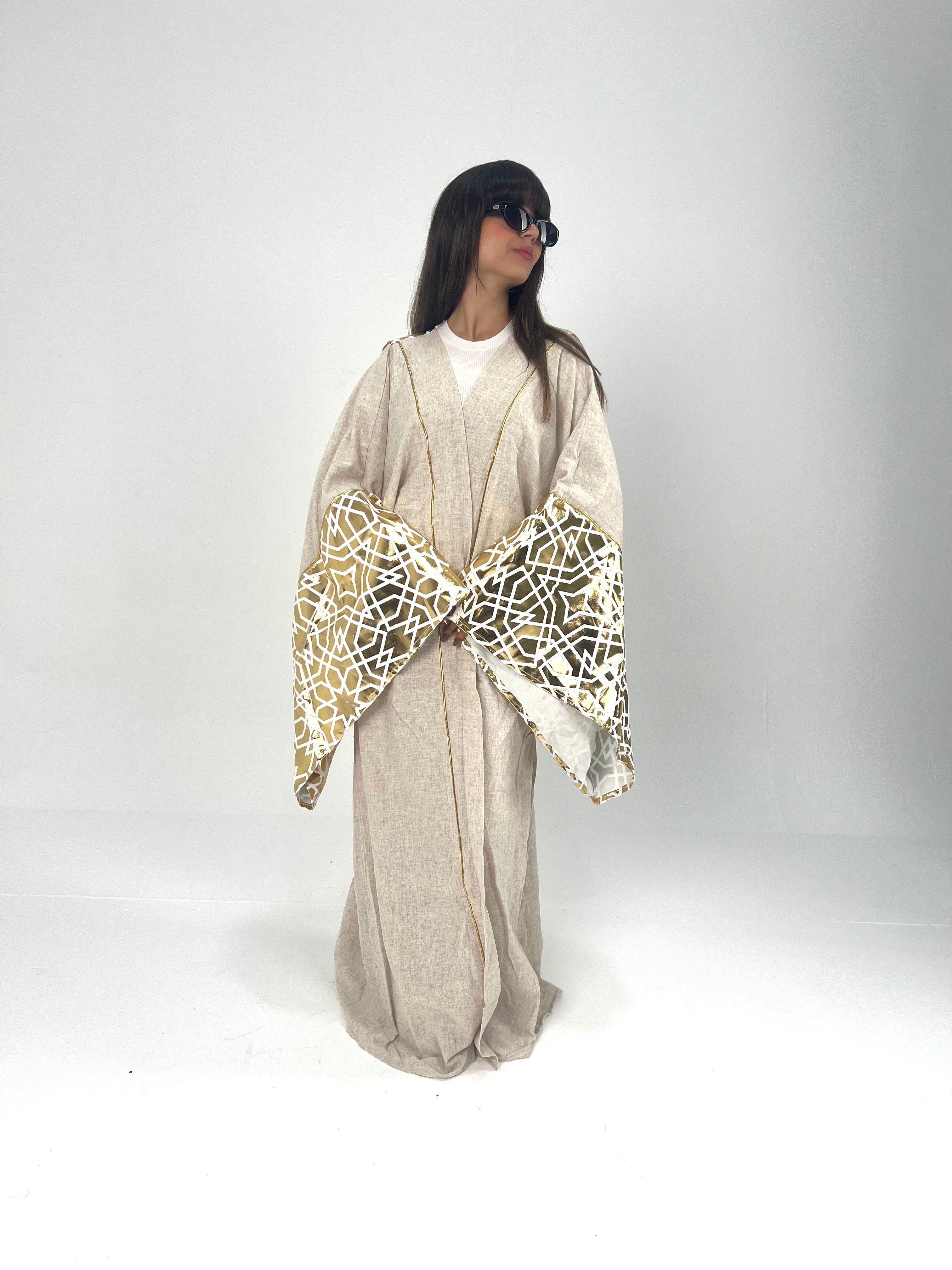 Urbantique - Plus Size Beige Kaftan in Gold Linen 2